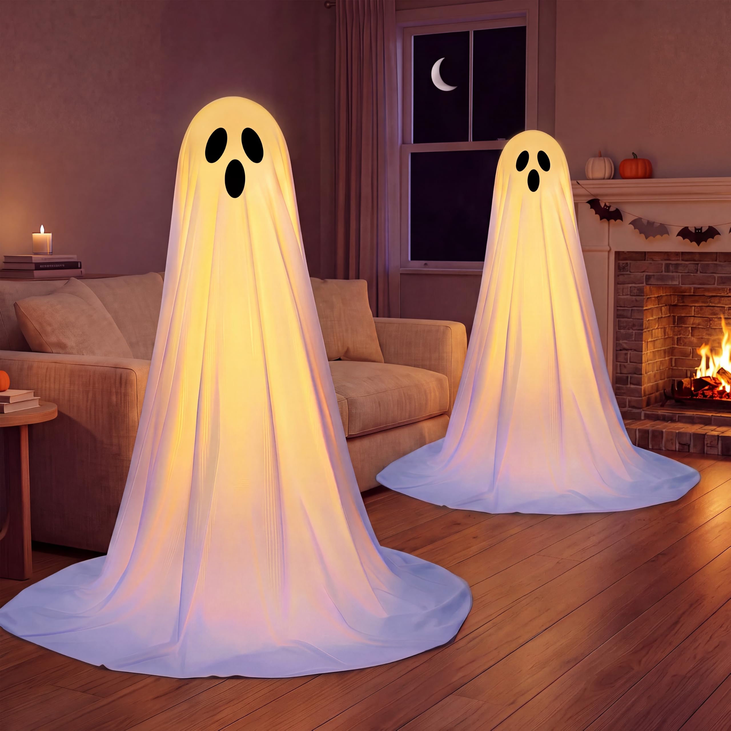 JOYIN Confezione da 2 decorazioni per Halloween da 119 cm, fantasma in piedi, decorazione per Halloween con luci calde e timer, per cortile, portico, prato, giardino, forniture per feste