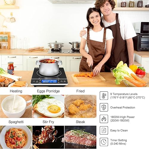 Miniatura 5 de GIHETKUT Placa de inducción con quemador único, quemador de inducción de 1800 W 110 V, estufa eléctrica portátil, estufa eléctrica con preajuste de