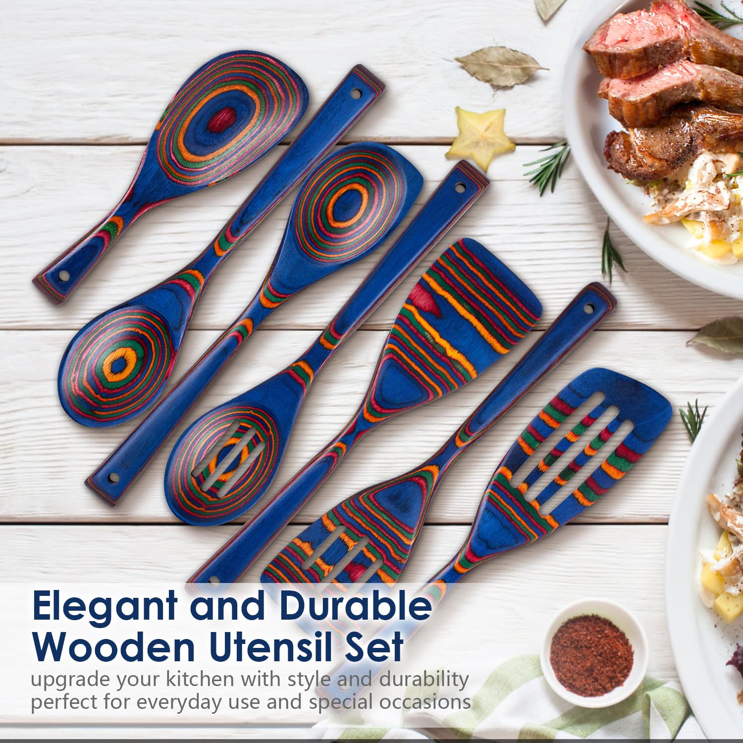 HOWHONG - Cucharas de madera para cocinar, 7 piezas de madera de Pakkawood, juego de utensilios de cocina que incluye espátula, cuchara esquinera, paleta de arroz, apta para utensilios de cocina