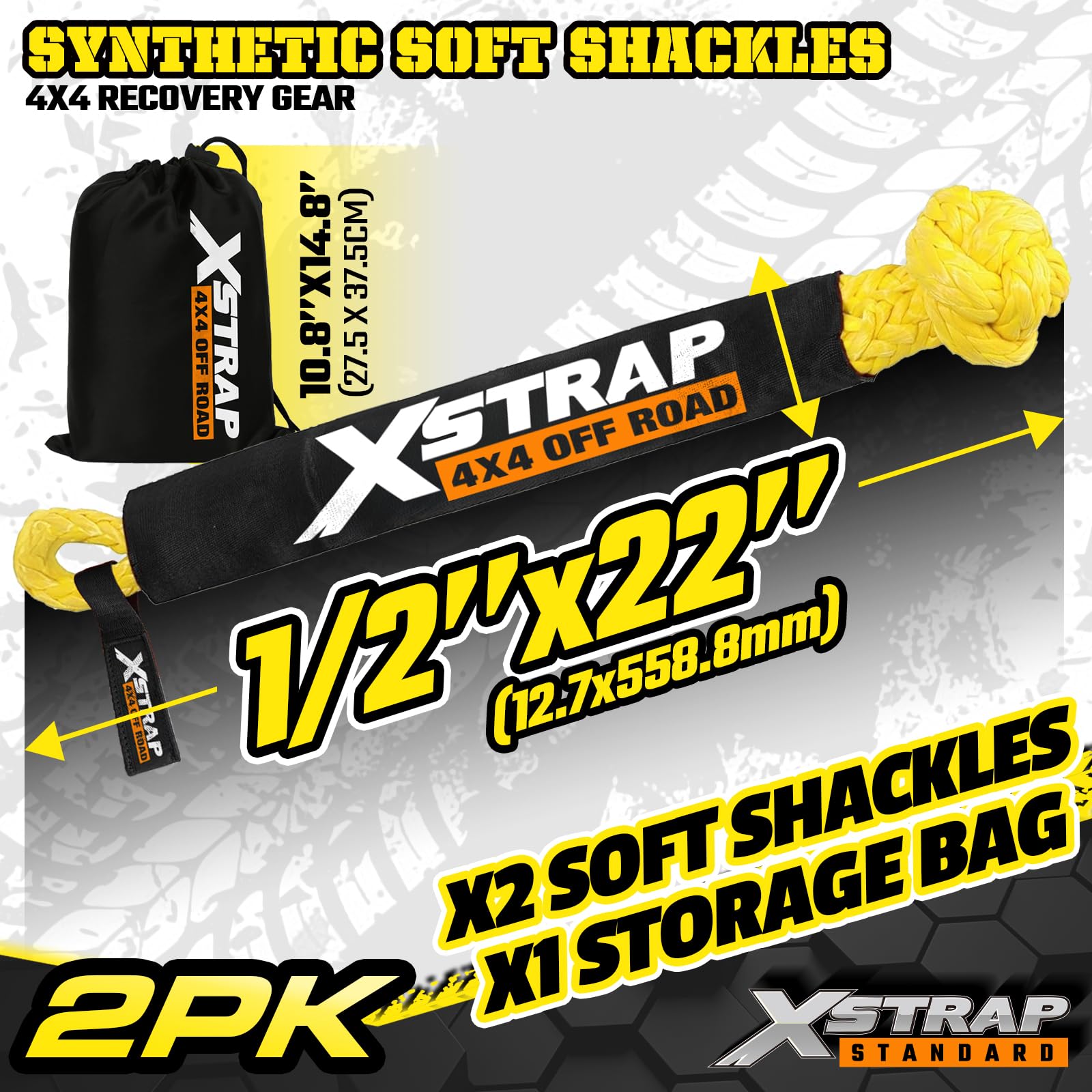 XSTRAP STANDARD Grillo sintetico morbido da 1/2 pollici x 22 pollici (25,9 kg resistenza alla rottura) con maniche extra e custodia per vela SUV ATV camion Jeep rimorchio di recupero, confezione da 2