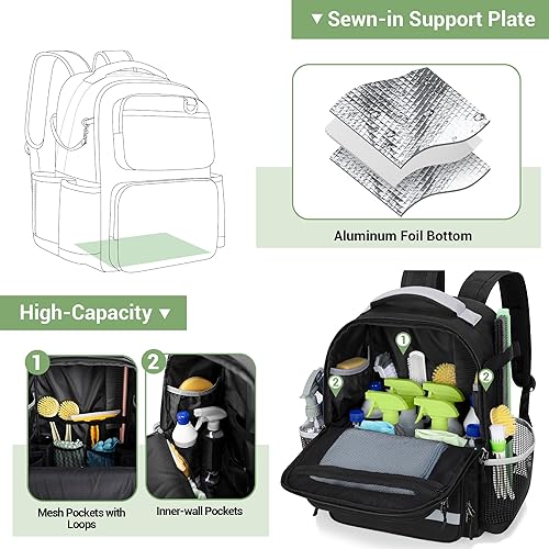 Miniatura 2 de Mochila de limpieza con placa inferior y parte inferior impermeable, bolsa grande de suministros de limpieza con múltiples bolsillos para