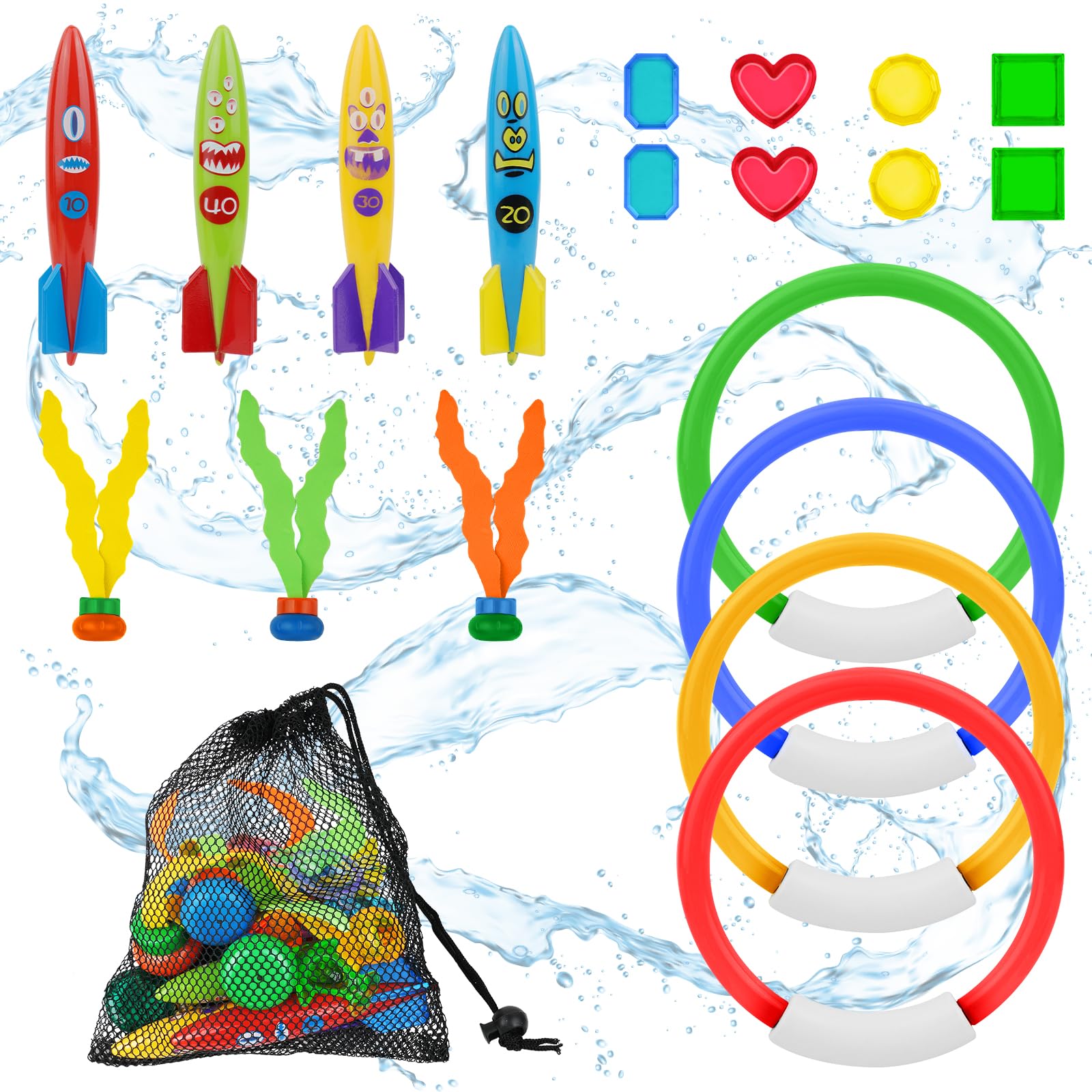 OSDUE 20PCS Juego de Anillos de Buceo para Niños, Juguetes de Buceo para Niños, Juego de Juguetes de Buceo, Juegos Acuáticos, Juego de Juguetes para Piscina, Juego de Entrenamiento Subacuático