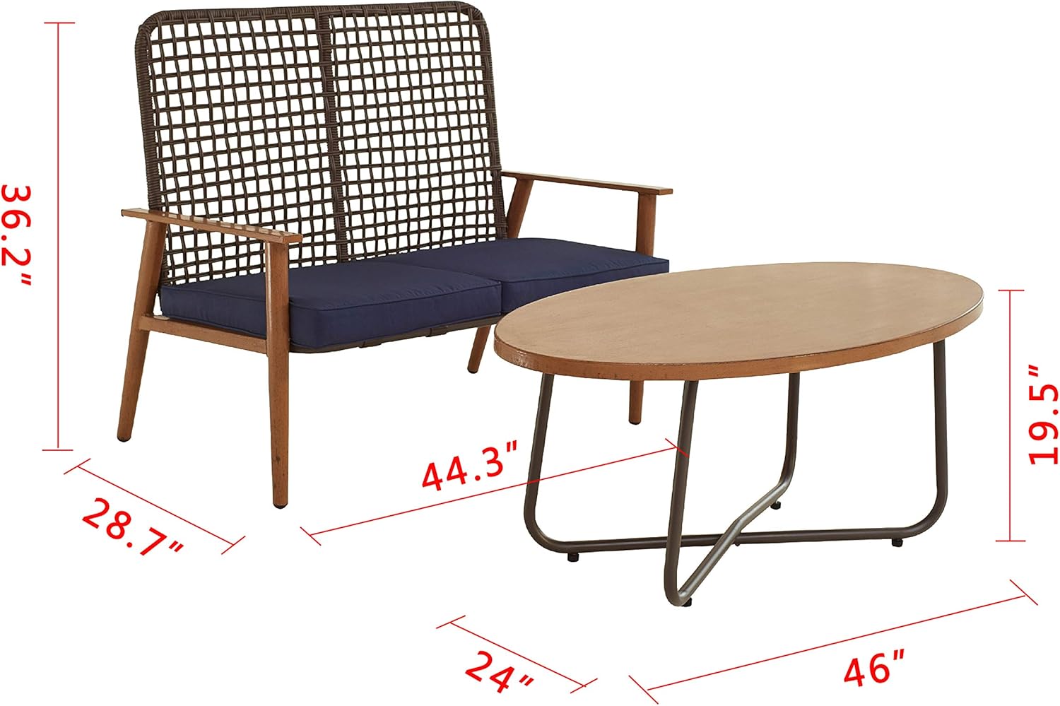 2 Pieces Patio Loveseat Wood Grain Finish with Coffee Table Outdoor Bistro Furniture Set for Lawn Porch Garden Yard Poolside (Large, Blue)