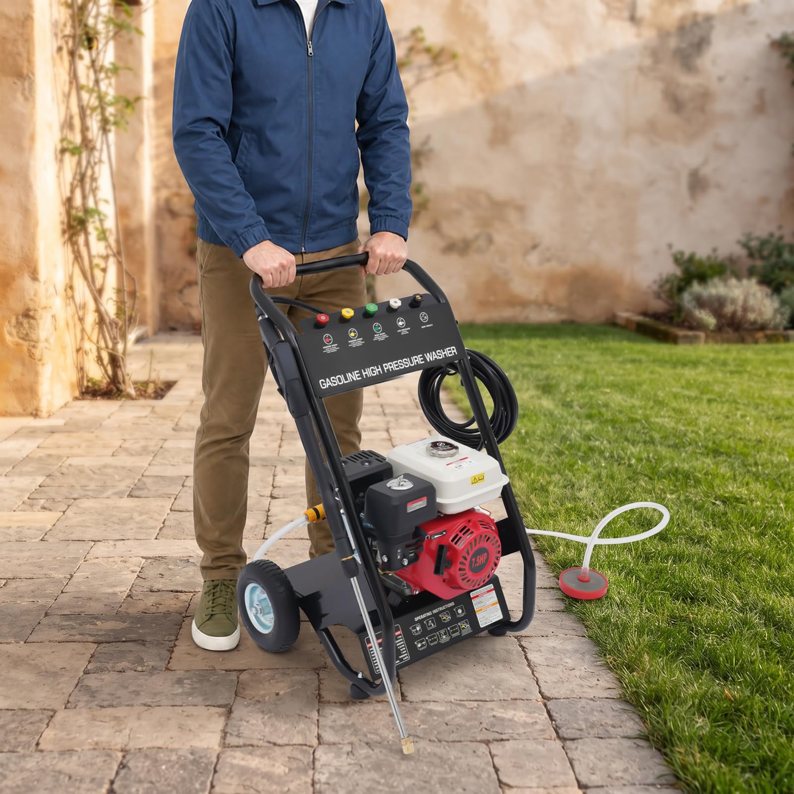 Limpiador de alta presión, limpiador a presión 7 CV 170 Bar 2200 PSI 5 boquillas | Para coche, terraza, limpieza de alta presión con manguera, 8 m, ruedas 8 y 5 boquillas incluidas
