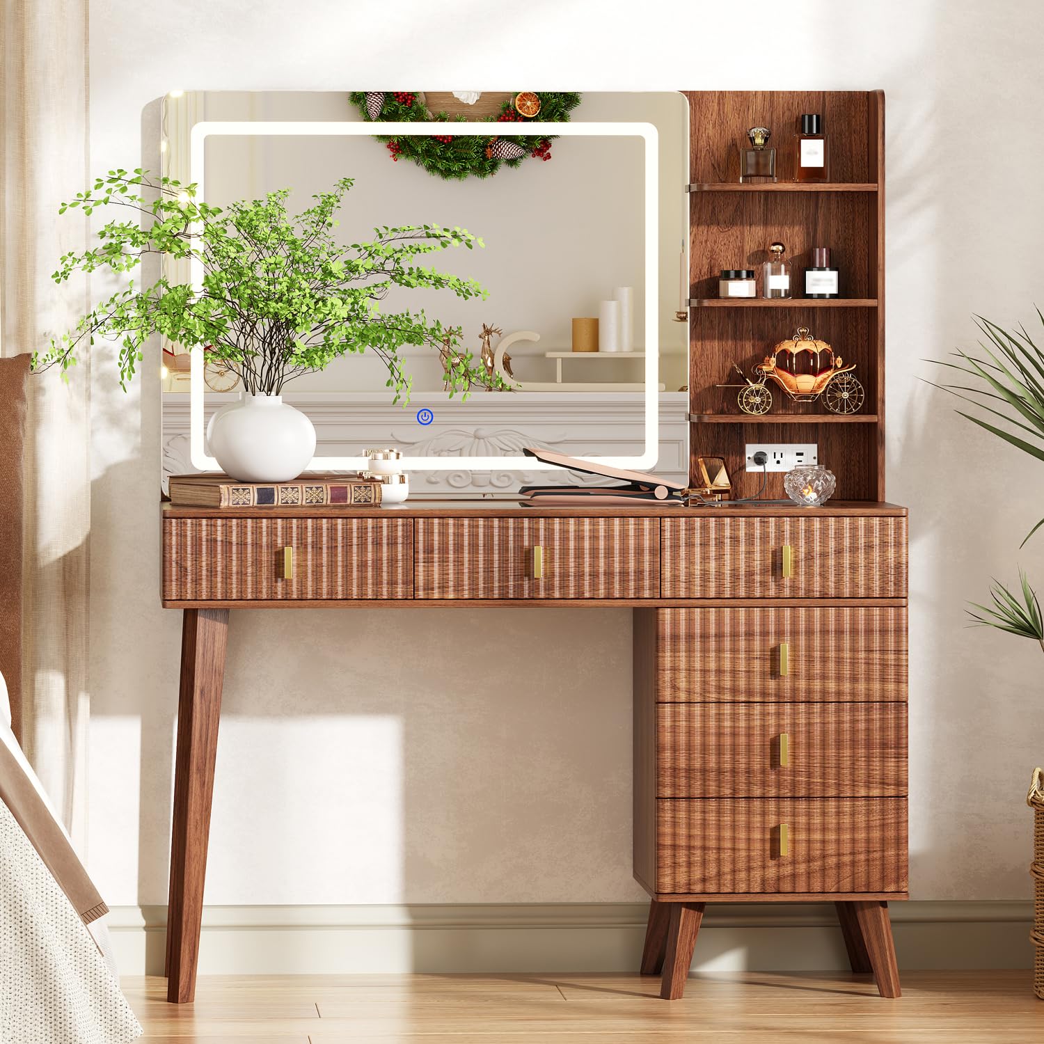 Photo 1 of [Missing Mirror, see live photos] Large Makeup Vanity Desk with Mirror and Lights, Vanity Desk with 6 Drawers & Storage Shelves, Vanity Table with Power Outlet, 3 Color Modes & Adjustable Brightness Dressing Table, Bedroom,Walnut1