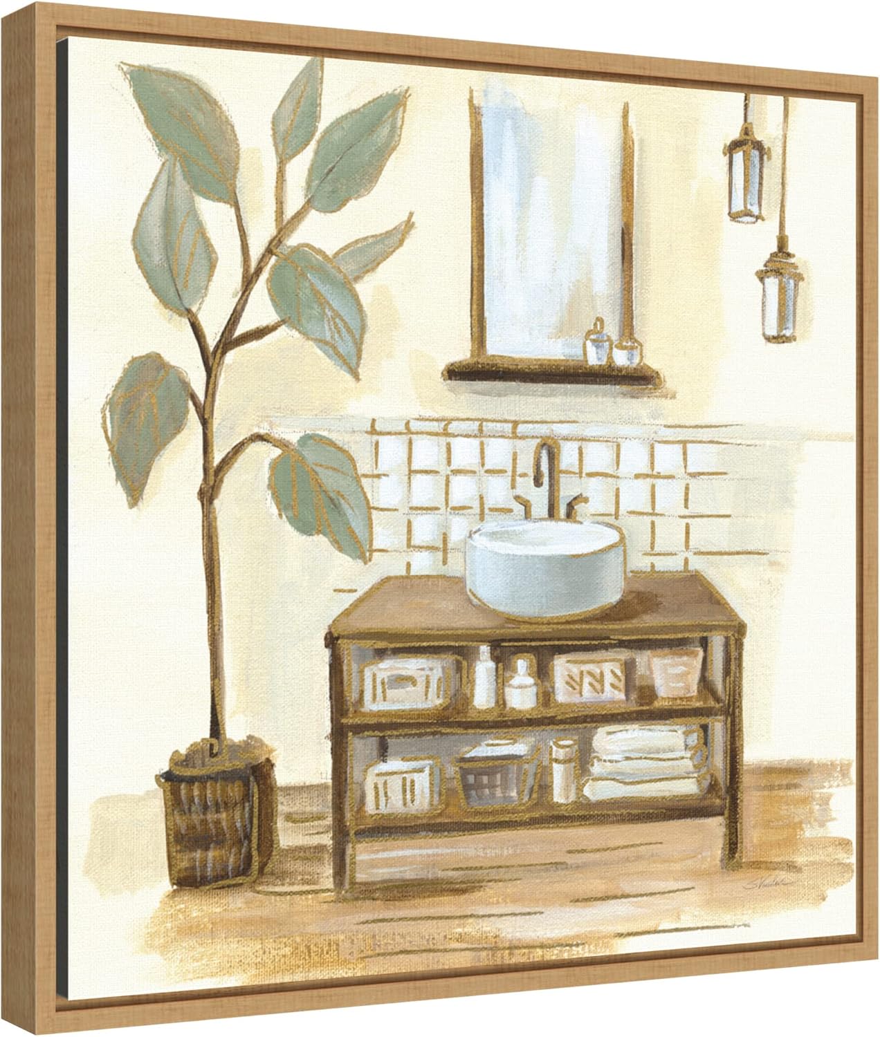 Sage Bathroom II Framed Canvas Wall Art Print 16 x 16