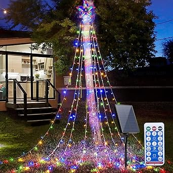 Amazon Co Jp 最新型 Led イルミネーションライト 350球 ソーラー式 屋外 防水仕様 クリスマス 飾り ライト Diy クリスマスツリー 自動点灯 消灯 8種類モード タイマー機能 リモコン付 9本 3 5m フェアリーライト 電飾 パーティー 装飾 おしゃれ 結婚式 誕生日 室内