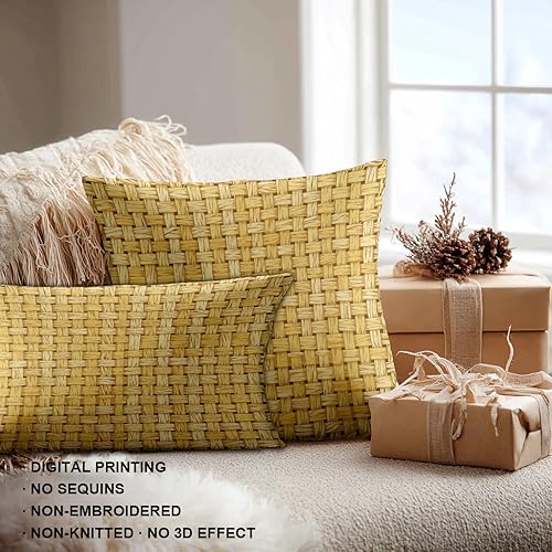Miniatura 3 de Shrahala Funda de almohada decorativa con textura de lino amarillo de imitación, diseño de yute, textura tejida en yute, funda de almohada lumbar