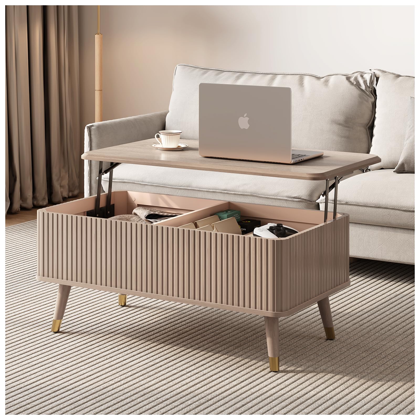 Lift Top Coffee Table with Storage Shelf & Hidden Compartment, Mid Century Modern Fluted Rectangle Dining Table for Living Room, Home Office, Natural OakThe Forest Stewardship Council