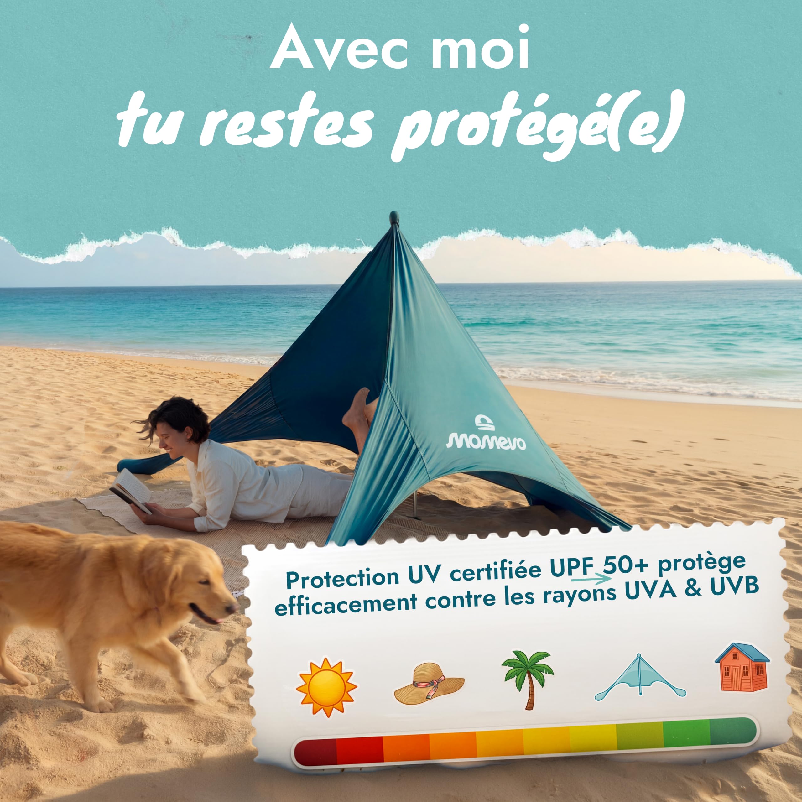 Tente de Plage avec Voile d’ombrage UPF50+, 2 Barres, Bleu Pétrole | Anti-Vent, Abri de plage léger avec voile d’ombrage, stable au vent et nouvelle génération