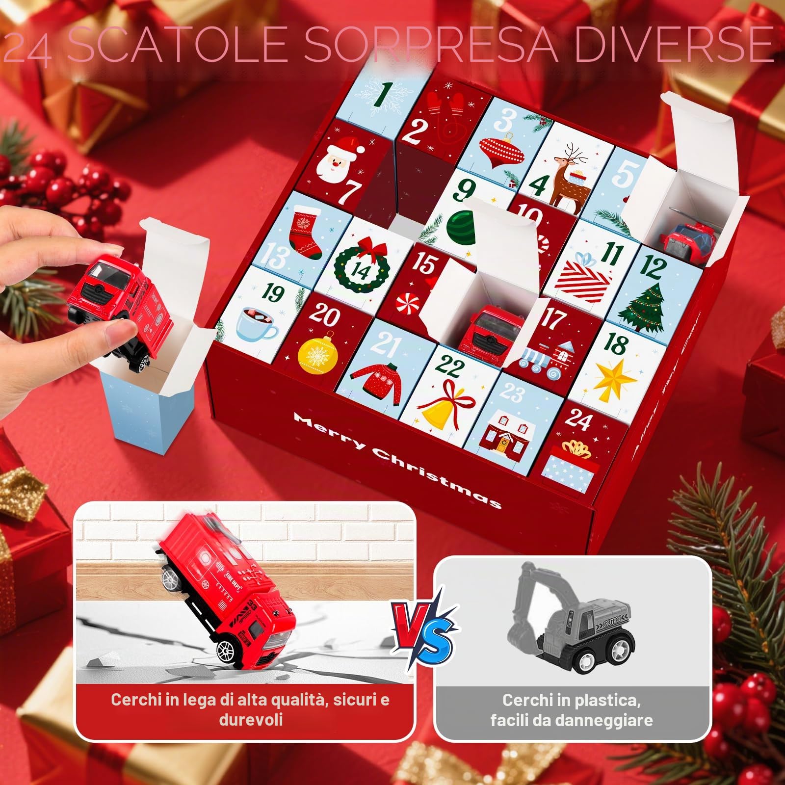 Calendario Avvento 2026 Bambino,Macchinine Calendario dell'avvento Bambini,Calendario Avvento Cars Camion dei Pompieri 3-12 Anni,Calendario per il Conto alla Rovescia di 24 Giorni,Natale Regalo Giochi
