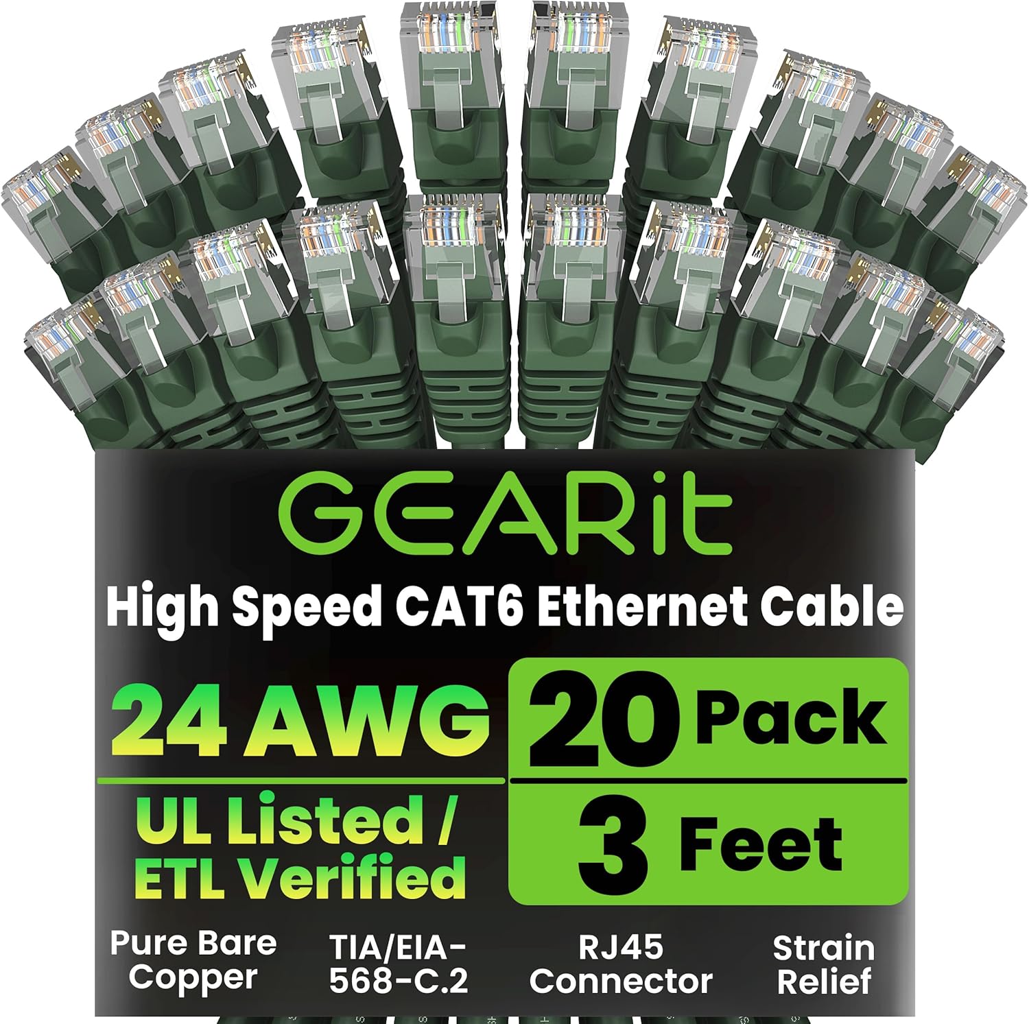 GearIT Cat 6 Ethernet Cable (20-Pack 3 Feet) Cat6 Network Patch, 10Gbps, RJ45, Snagless Cord, Gold-Plated Connectors, Internet for PC, TV, Tablet, Router, Printer, Servers, IT Data Center - Green