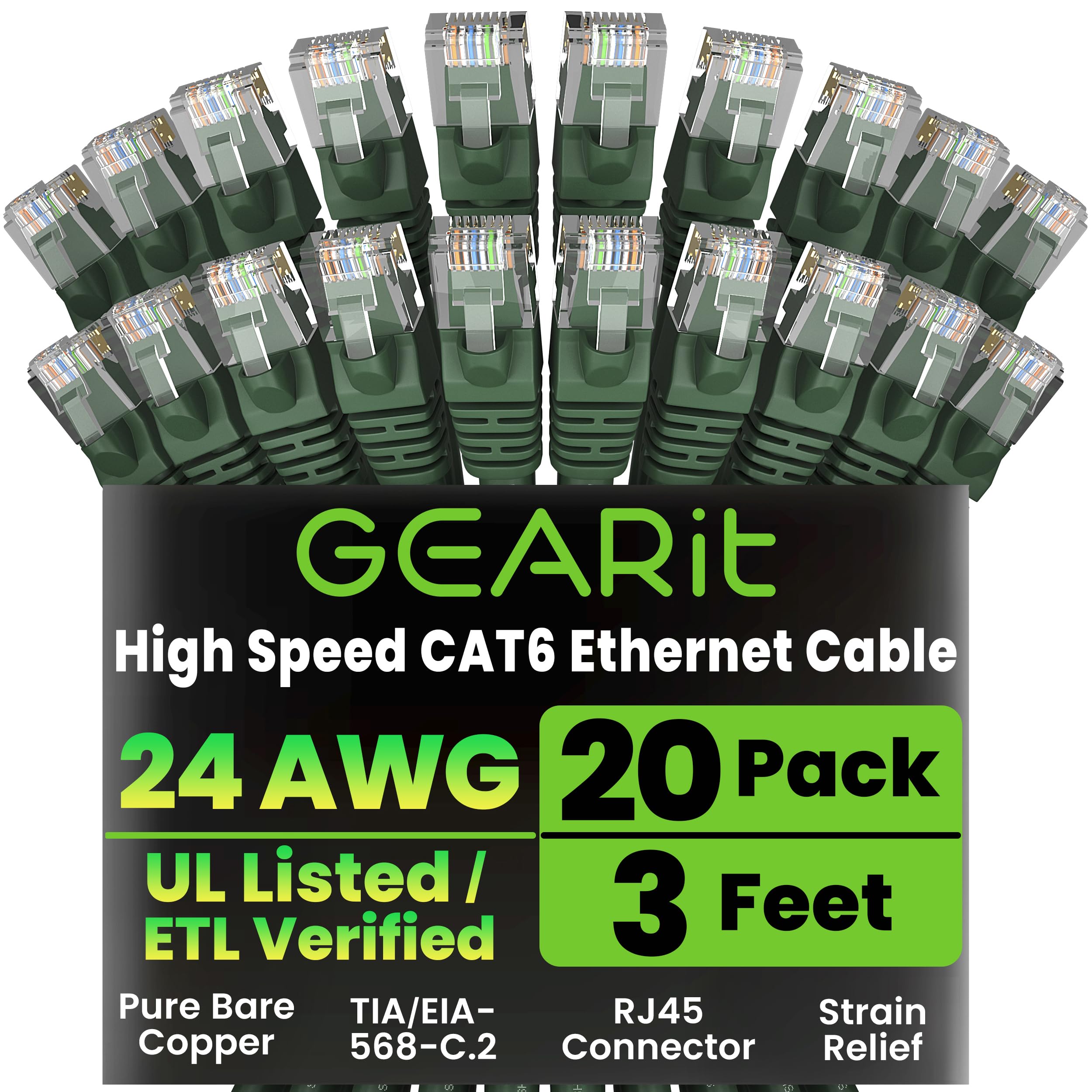GEARit Cat 6 Ethernet Cable (20-Pack 3 Feet) Cat6 Network Patch, 10Gbps, RJ45, Snagless Cord, Gold-Plated Connectors, Internet for PC, TV, Tablet,