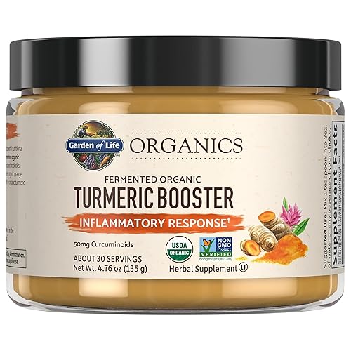 Garden of Life Organics Turmeric Booster Inflammatory Response Powder - 30 Servings, 50mg Curcumin (95% Curcuminoids) & Probiotics, Organic Non-GMO Vegan & Gluten Free Herbal Supplements