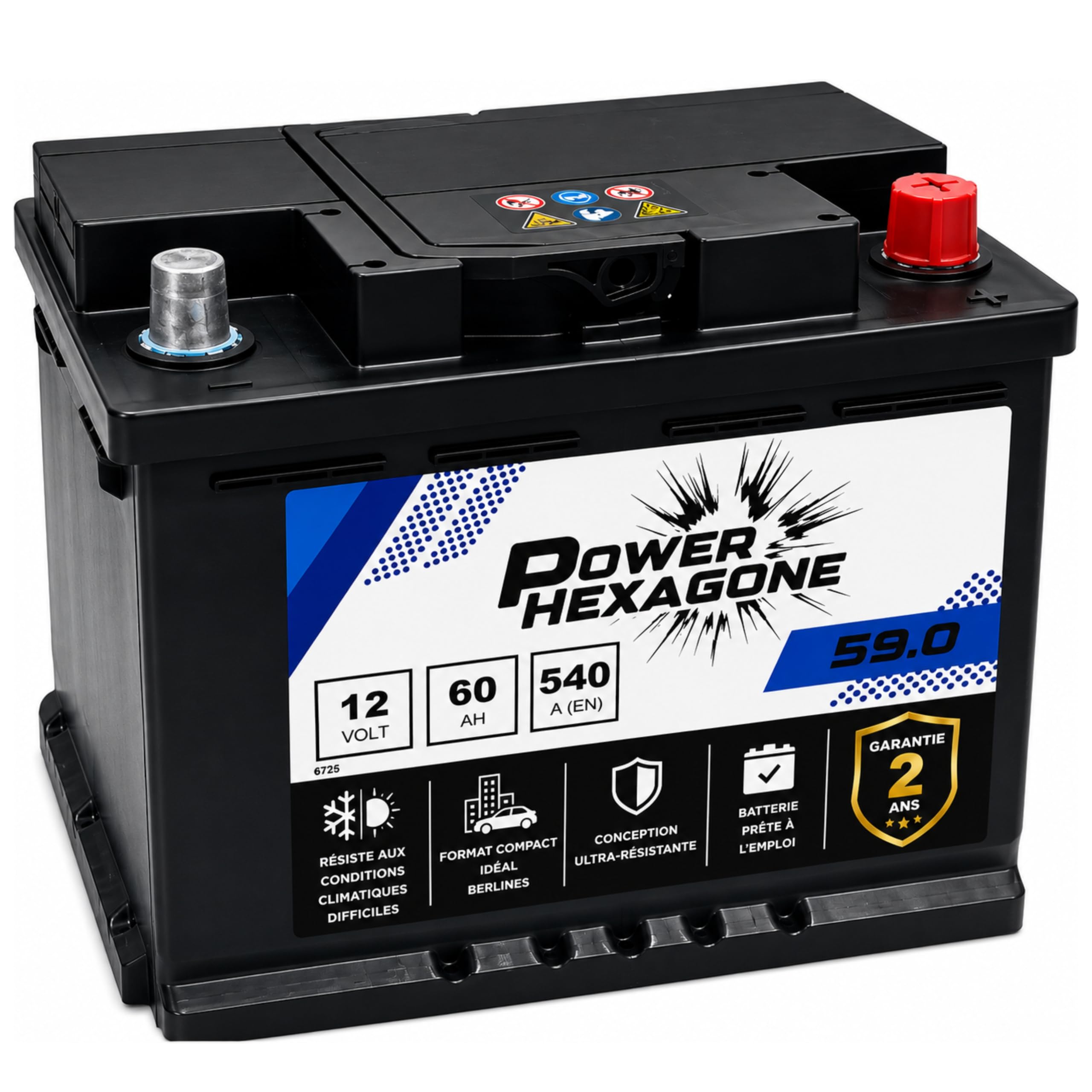 Batterie Voiture 12V 60Ah LB2 - Démarrage 540A - Batterie Auto Sans Entretien - Format LB2 Compatible Voiture, Utilitaire et Chantier - Remplacement Origine - Power Hexagone