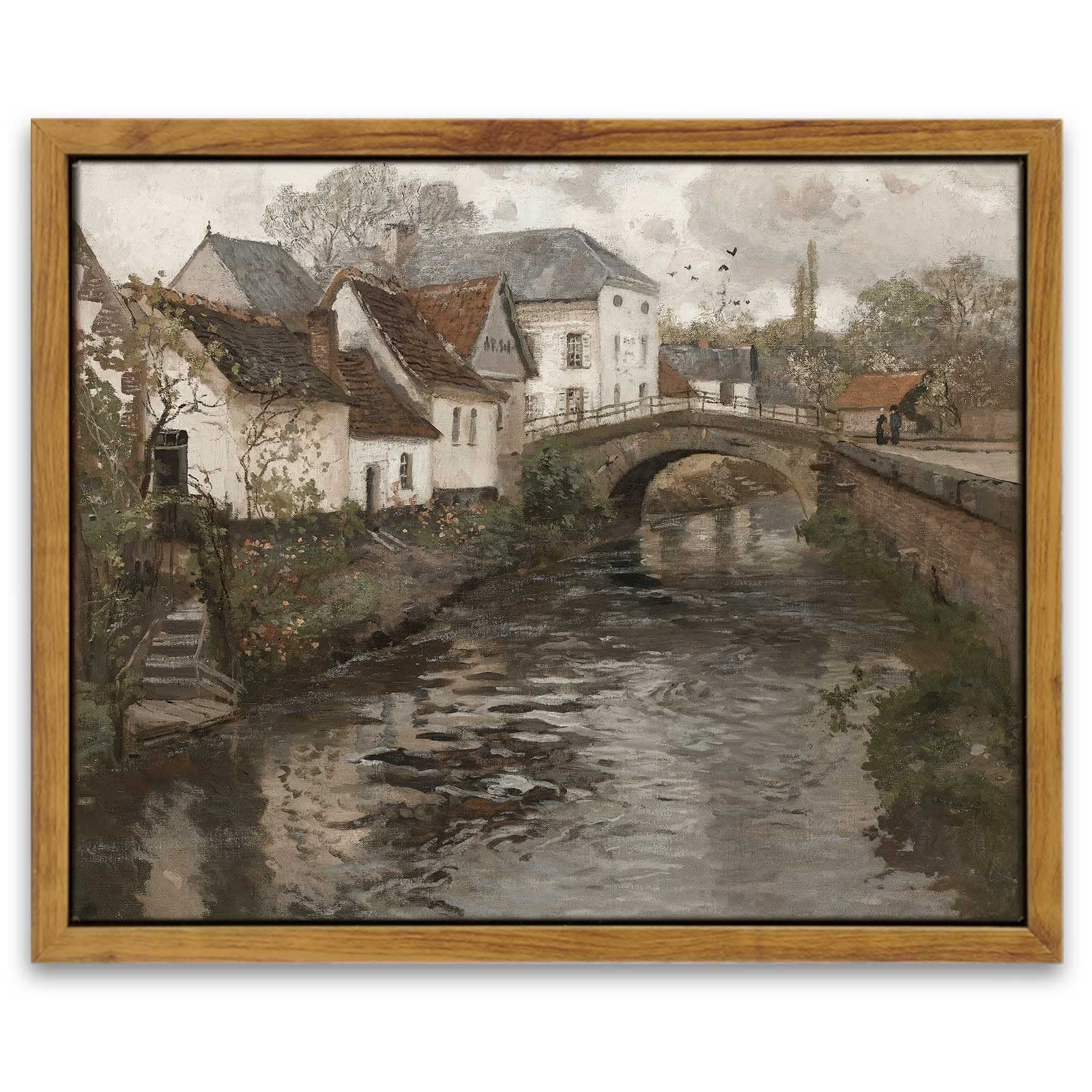 InSimSea Framed Canvas Wall Art, Vintage Scenery Office Home Bathroom Decor, Classical Oil Painting Small Town Near La Panne, 8"x10"