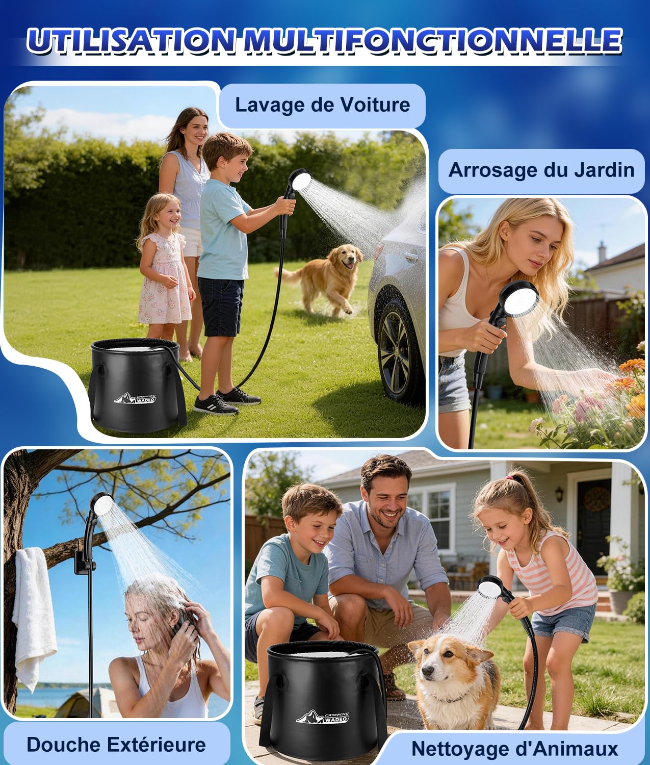 WADEO Kit Douche Camping, Seau 20L & Pompe 5 Vitesses, Autonomie 10 Jours | Pompe Douche Rechargeable 6000 mAh avec Écran LED, IPX8, Douche Chaude Camping Portable pour Voyage, Animal, Voiture, Jardin