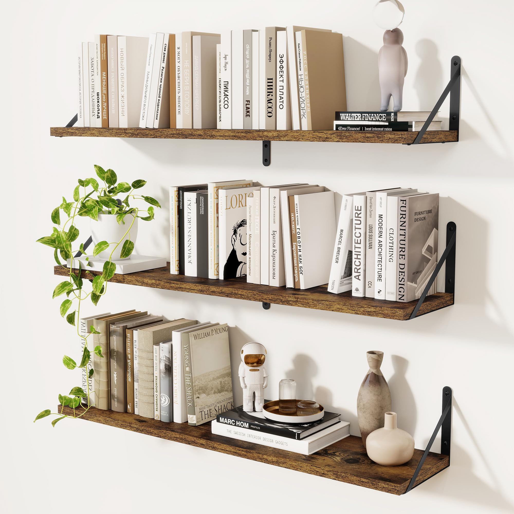 Feihorrm 3er Set Bücherregal, Wandregal Rustikal Braun, Regal 90cm Breit | Wandregal Holz, Bücherregal Wand, Regale für Wände, Bücherregal Holz für Wohnzimmer, Schlafzimmer & Arbeitszimmer