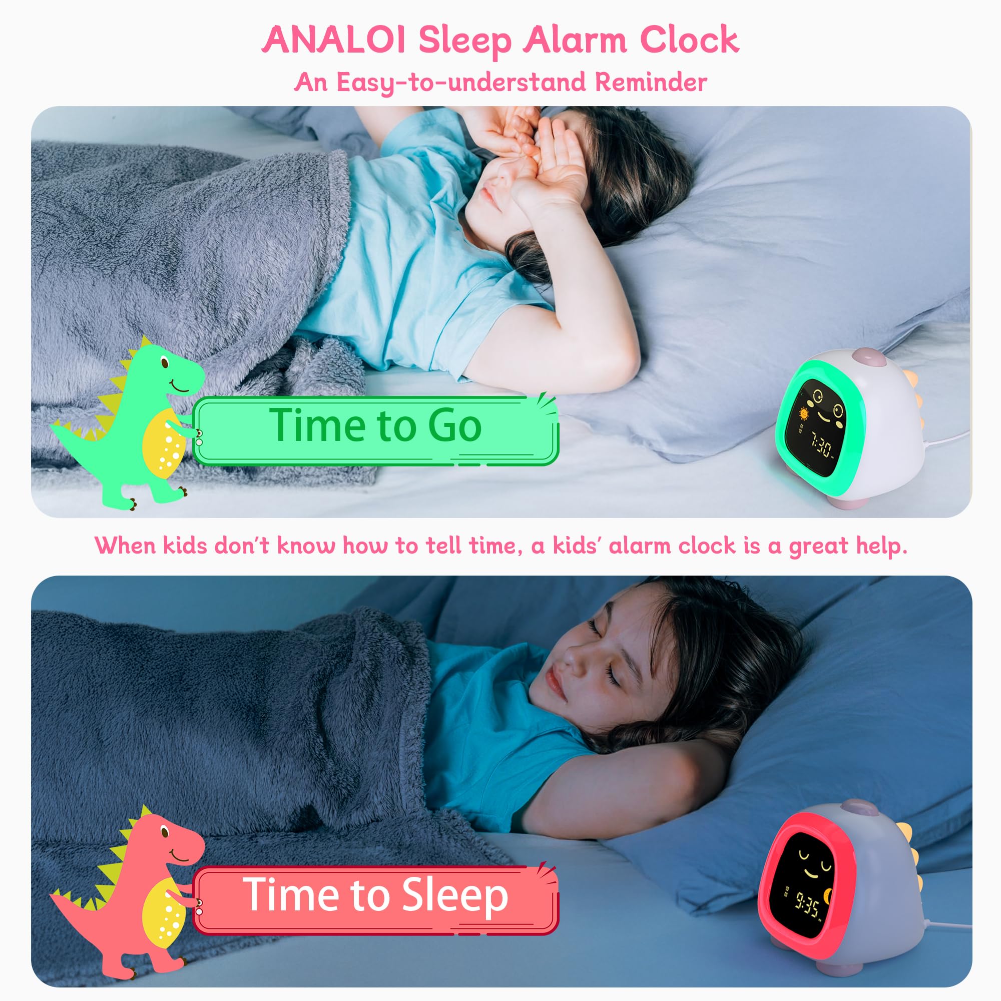 ANALOI Jolie horloge pour enfants, veilleuse pour enfants avec mode répétition, minuterie de sommeil, double alarme, entraînement au sommeil, 3 luminosités, veilleuse 10 couleurs, volume réglable,