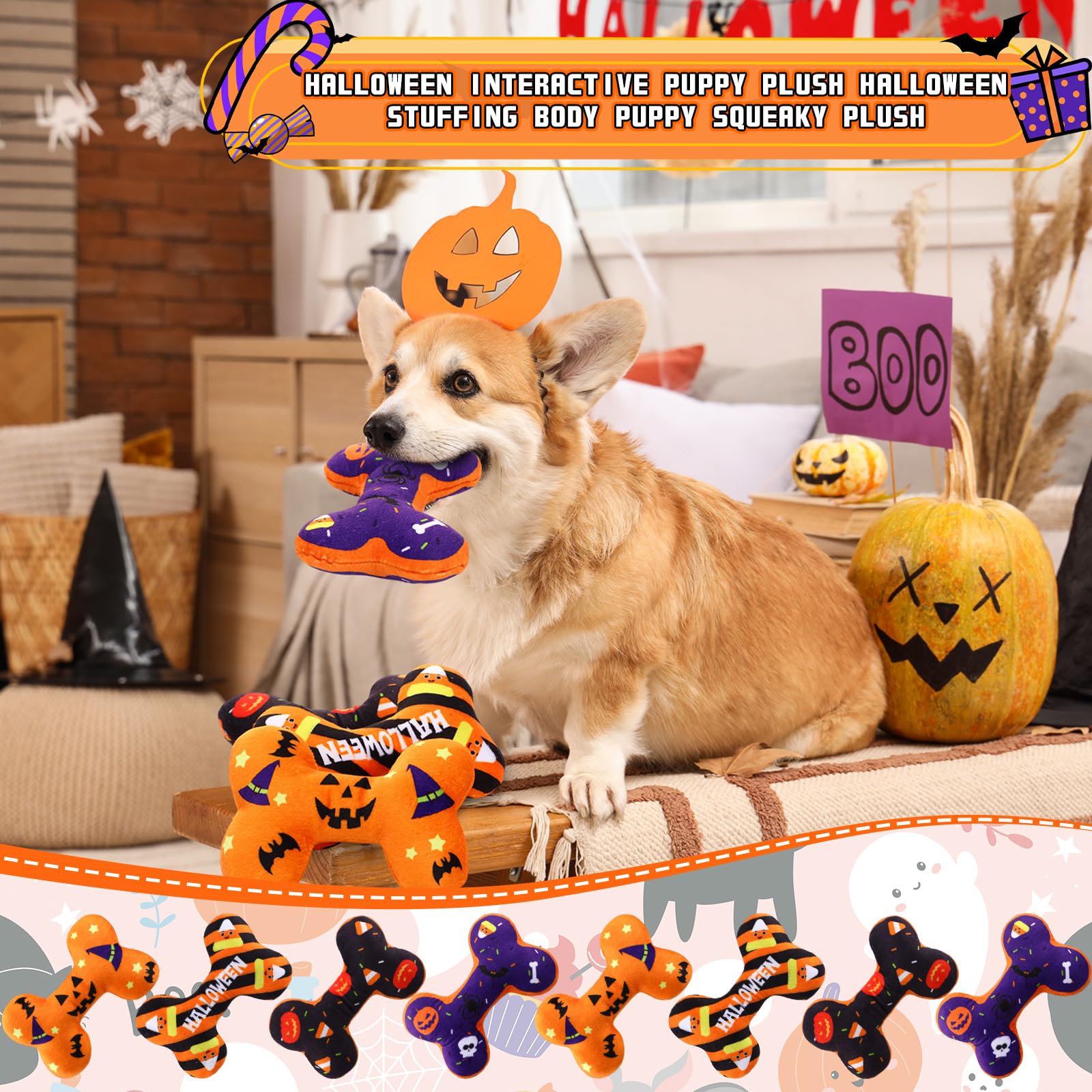 Halloween-Hundespielzeug, Kauspielzeug, quietschendes Knochenplüschtier für Hunde, langlebig, niedlich, interaktiv, gefüllt, mit Quietscher, ideal zum Spielen, Training und Zahnreinigung
