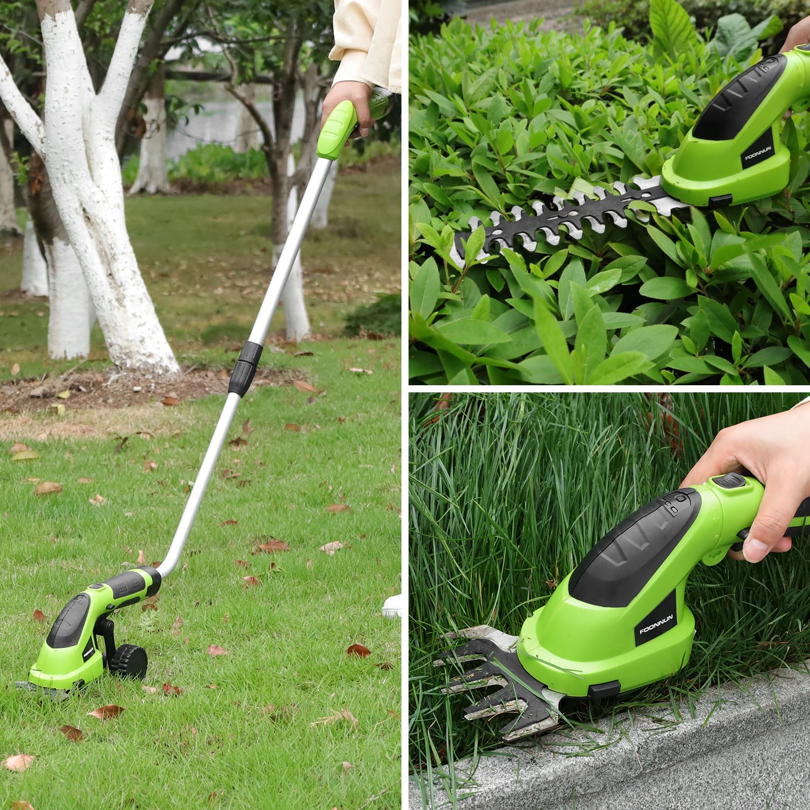 2 en 1 Tijera Cortacésped y Arreglasetos, FOONNUN Tijeras de Césped y Arbustos 7,2 V, Mango Giratorio de 180 °, Tijeras para Césped con Mango Telescópico y Ruedas, para Podar Césped, Arbustos y Setos