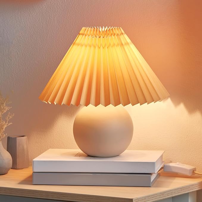 Brightech Serena LED Table Lamp - Modern Ceramic Lamp with Pleated Shade for Bedside, Nightstand, Desk - Cozy Night Light with Soft White Light for Living Room, Bedroom