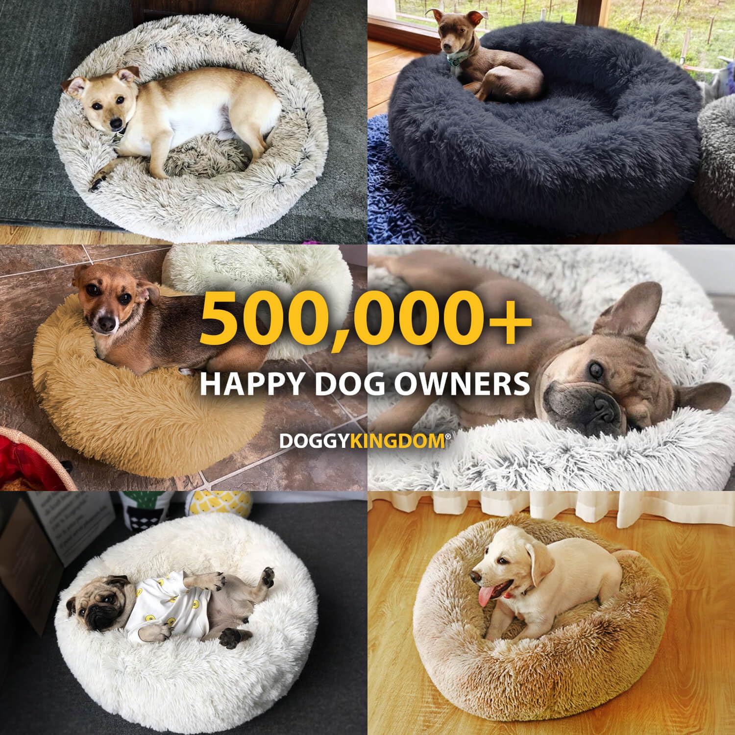 Doggykingdom Calming Round Donut Dog Bed Pillow, Washable, Anti Anxiety, Anti-Slip, Cozy Soft Cuddler Comfort Bed with Fluffy Plush Faux Fur for Large Medium Small Sized Dog - Gray, L 35 inch