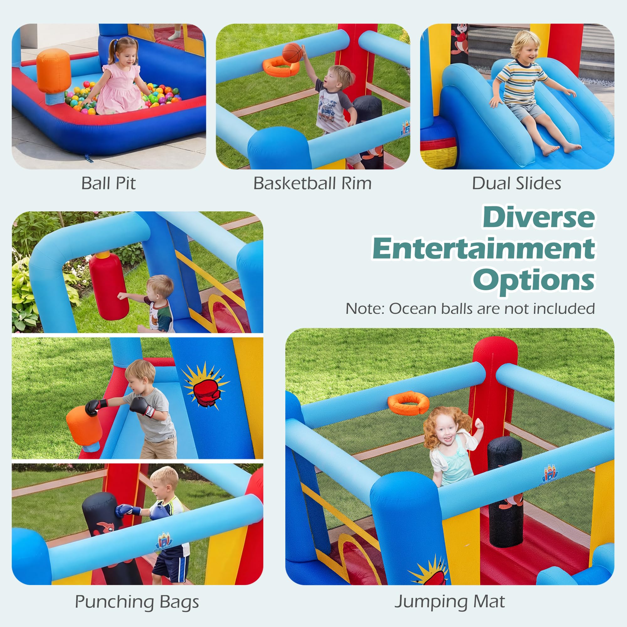 Giantex - Castillo hinchable para niños, exterior, con soplador, 550 W, parque acuático inflable con bolsas de golpeo, piscina, cesta de baloncesto, tobogán, para niños y niñas, 3-12 años, carga 90 kg