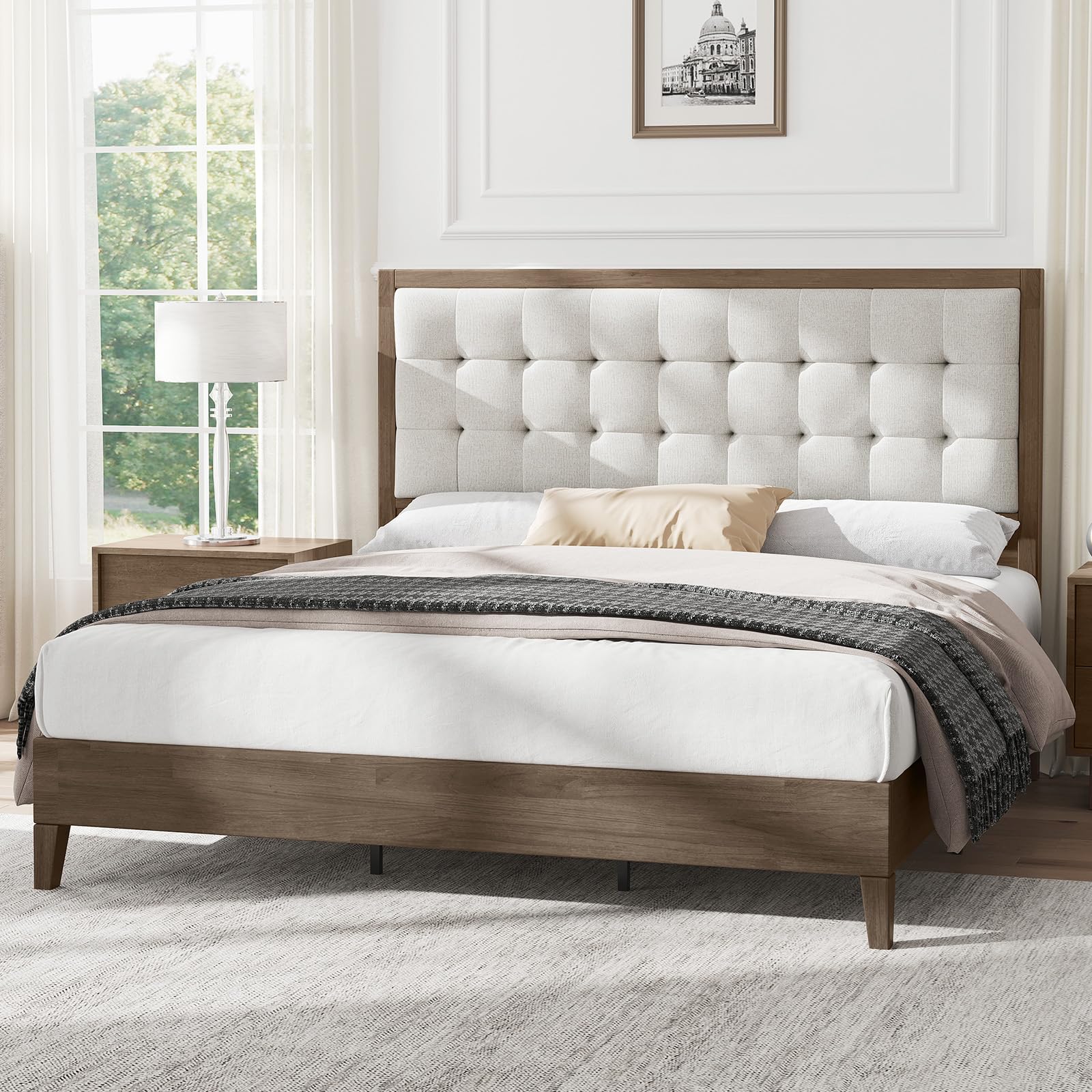 AMERLIFE Queen Bed Frame with Headboard, Solid Wooden Bed Frame Queen Size Platform Bed Mid-Century Style, No Box Spring Required, Ash Gray | Back
