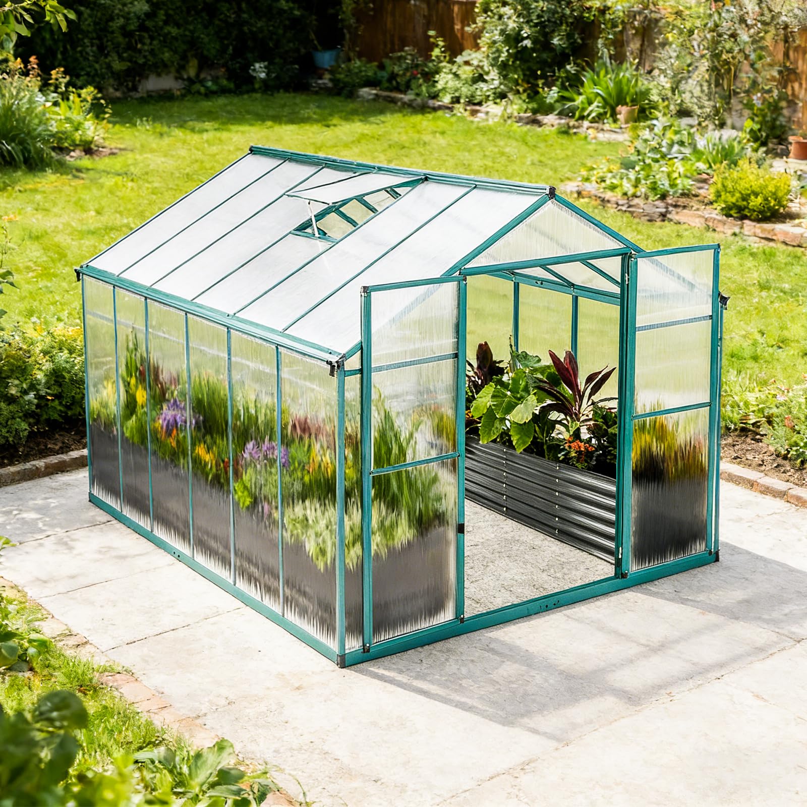 Gewächshaus Aluminium mit Fundament 361x238cm - 8,59m² Tomatenhaus winterfestes Gewächshaus in Grau - stabiles Gartengewächshaus für Balkon & Garten (Grün, 361*238*210cm)