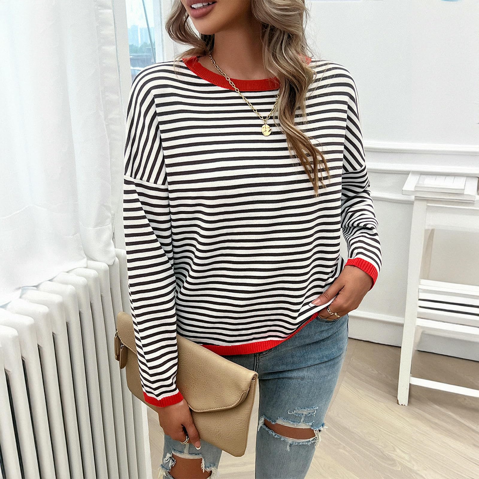 Maglioni da Donna Top Autunnali E Invernali Femminili, Eleganti A Strisce Rottate Casual, Autunno Inverno