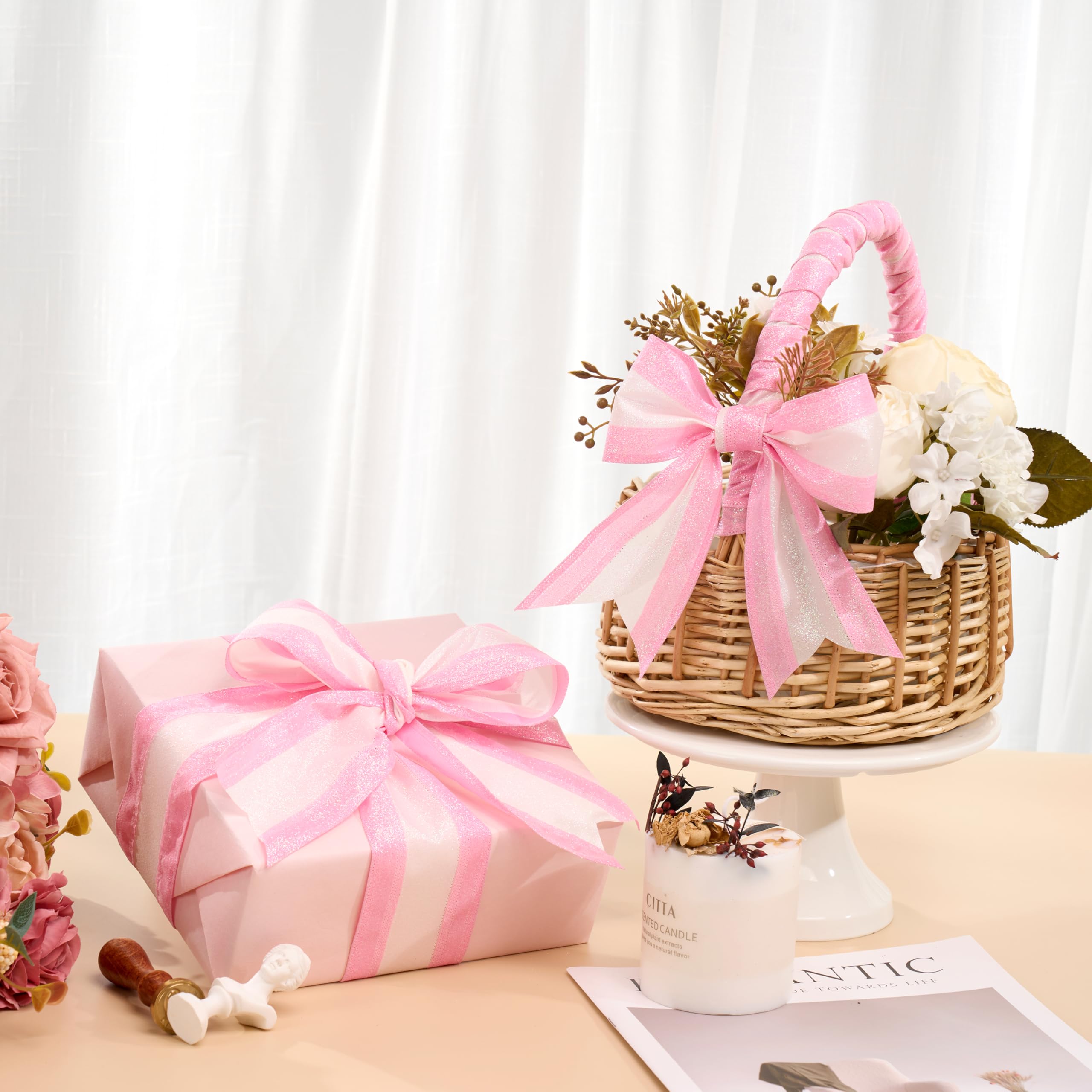 Amazon.com: DINDOSAL Pink and White Glitter Wired Ribbon 2.5