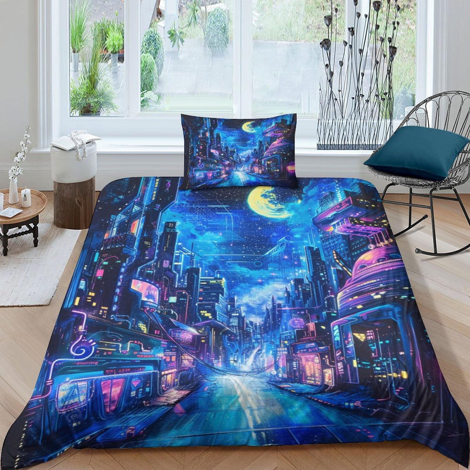 Housse de Couette 3D Vue de Nuit en Microfibre Douce 135x200cm pour Lit Simple avec Taies d'Oreiller