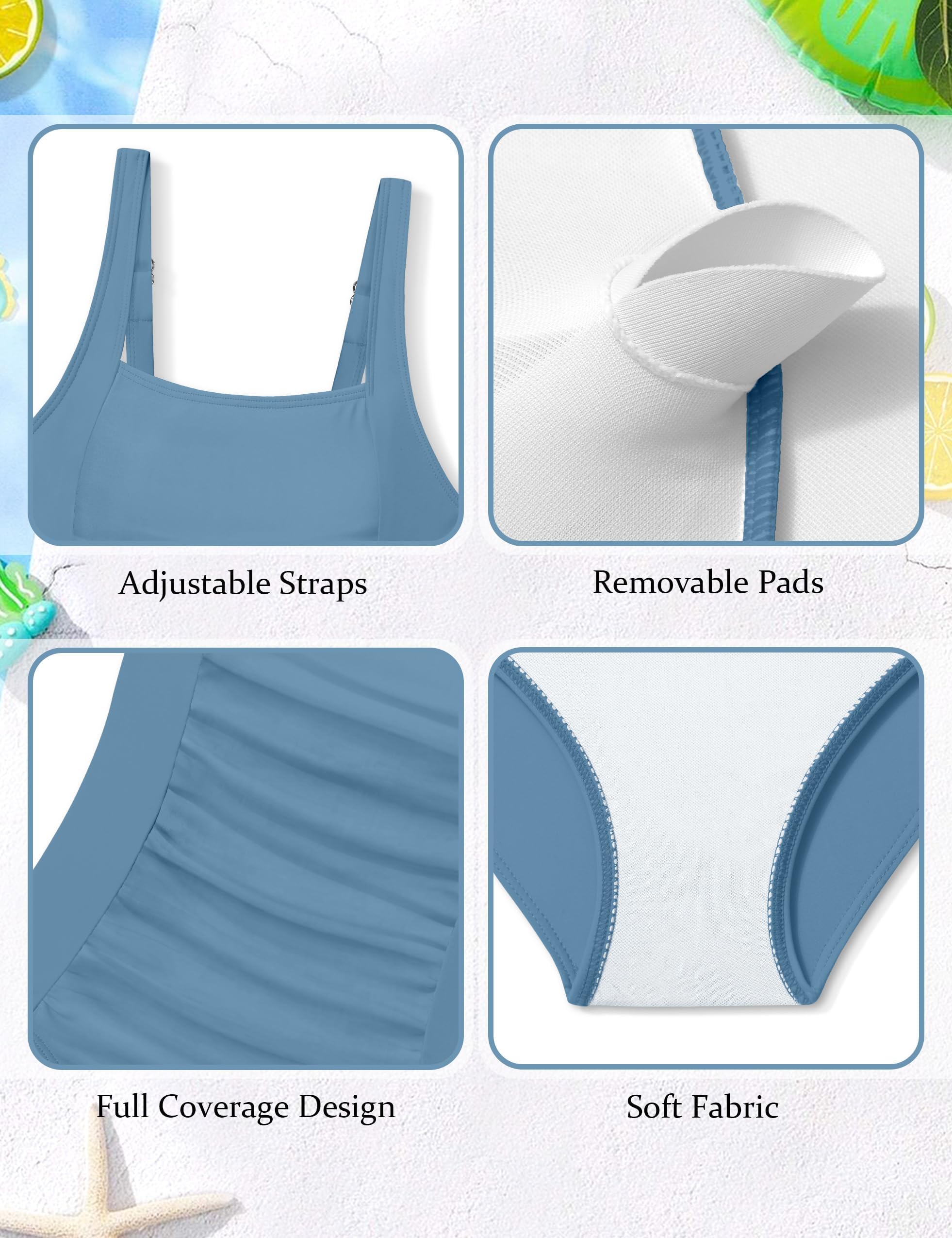 BAVEDER - Traje de baño de una pieza para niñas, traje de baño liso fruncido para niñas, cobertura completa, modesto, acolchado, 9-16 años