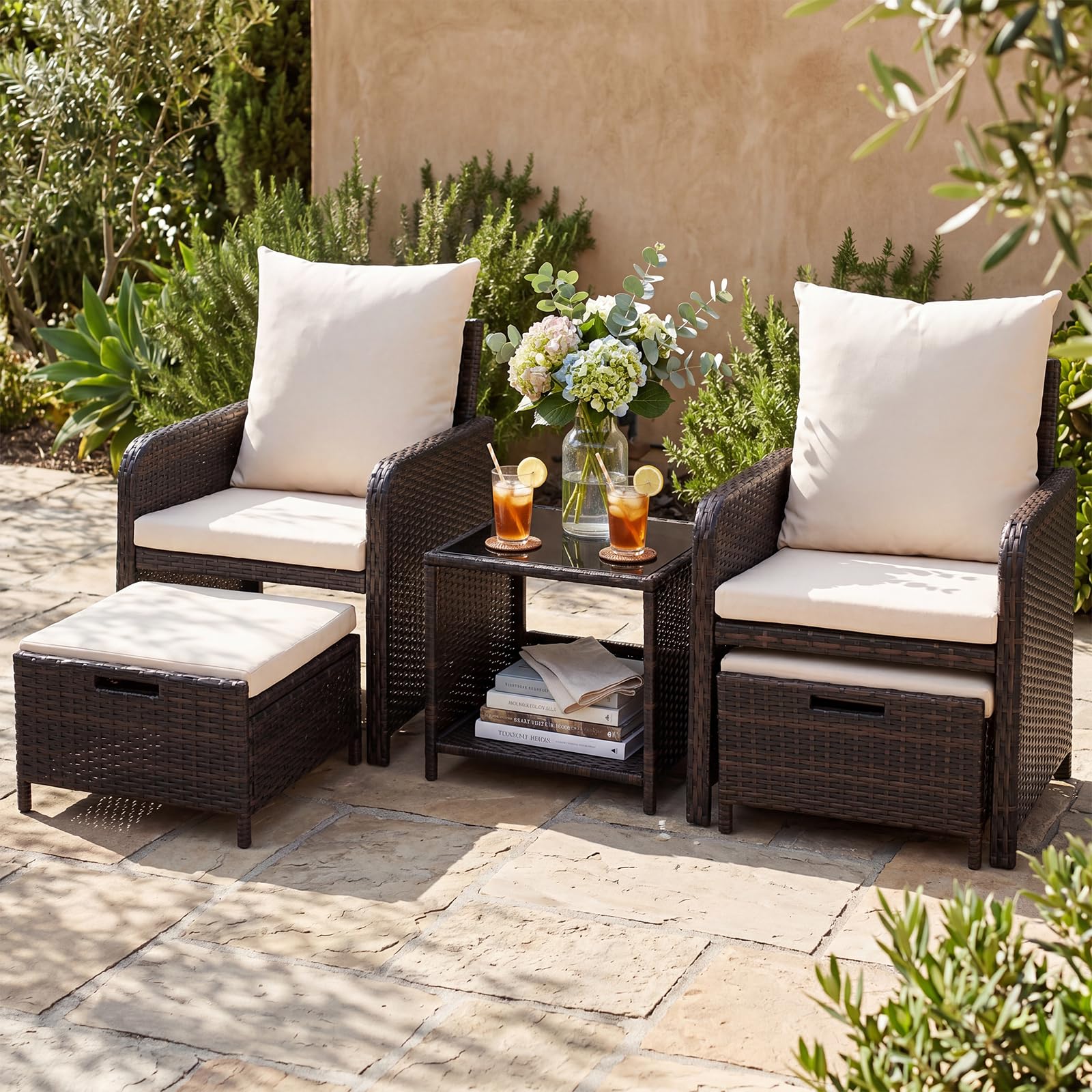 COSTWAY Salotto da Esterno 5 Pezzi, Set Giardino Esterno in Rattan (Beige)