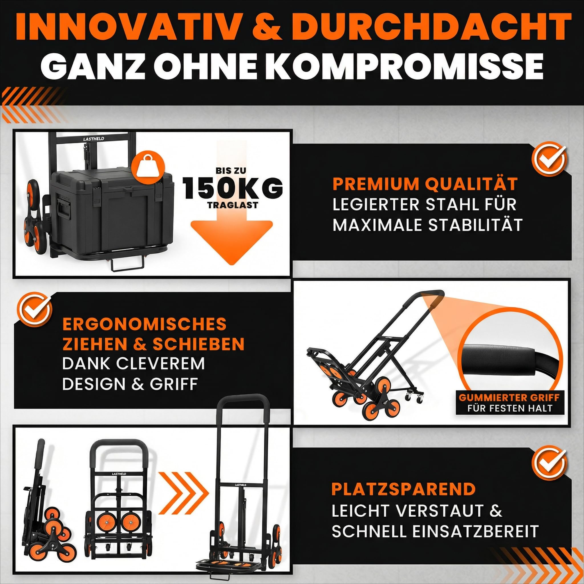 LASTHELD Sackkarre klappbar Treppensteiger | Treppensackkarre Transportkarre 2-in-1 | Treppenkarre Transportwagen Sackrodel Stapelkarre Treppenwagen faltbar | Stahl 150 kg