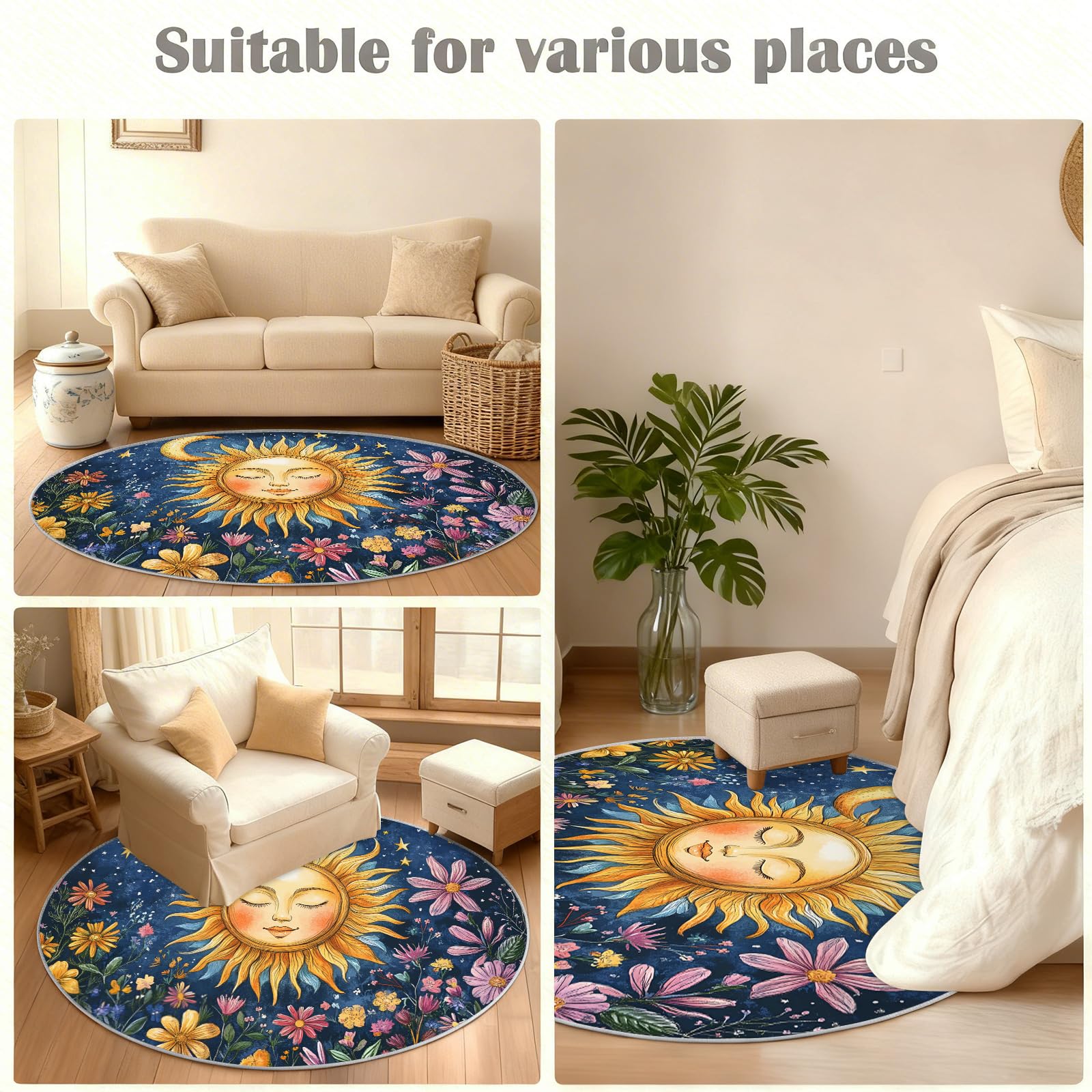 Sun Moon – Tapis rond à motif floral pour chambre à coucher, salon, œuvre d'art bohème pour enfants, tapis décoratif antidérapant, lavable, 1,5 m