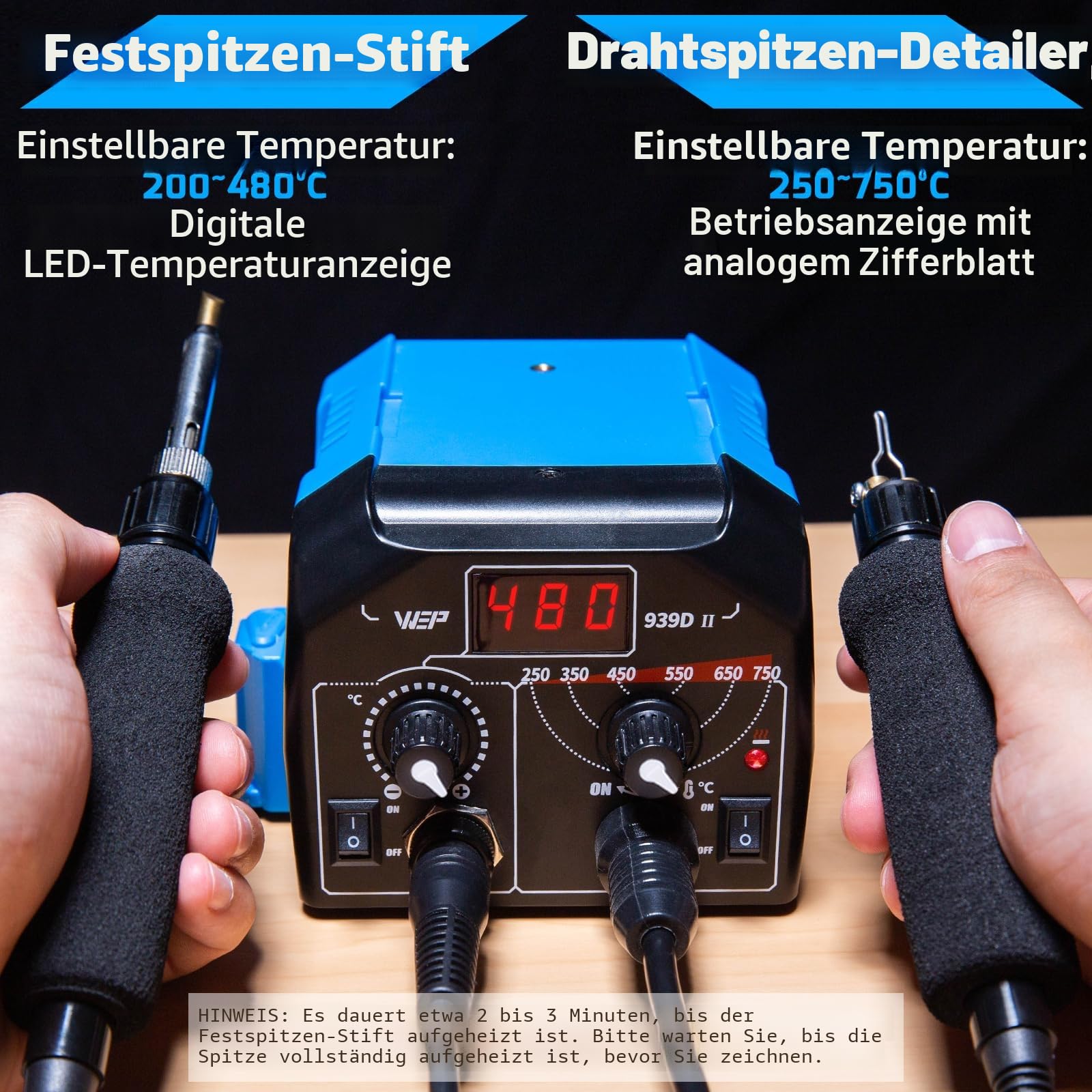 WEP 939D-II 2-in-1 Brandmalkolben Set 86-teilig – Brandmalerei Set mit 51 festen Spitzen & 23 Drahtspitzen – Brennpeter für Holzgravur inkl. Schablonen, Holzbrennstift & Zubehör (EU-Stecker)