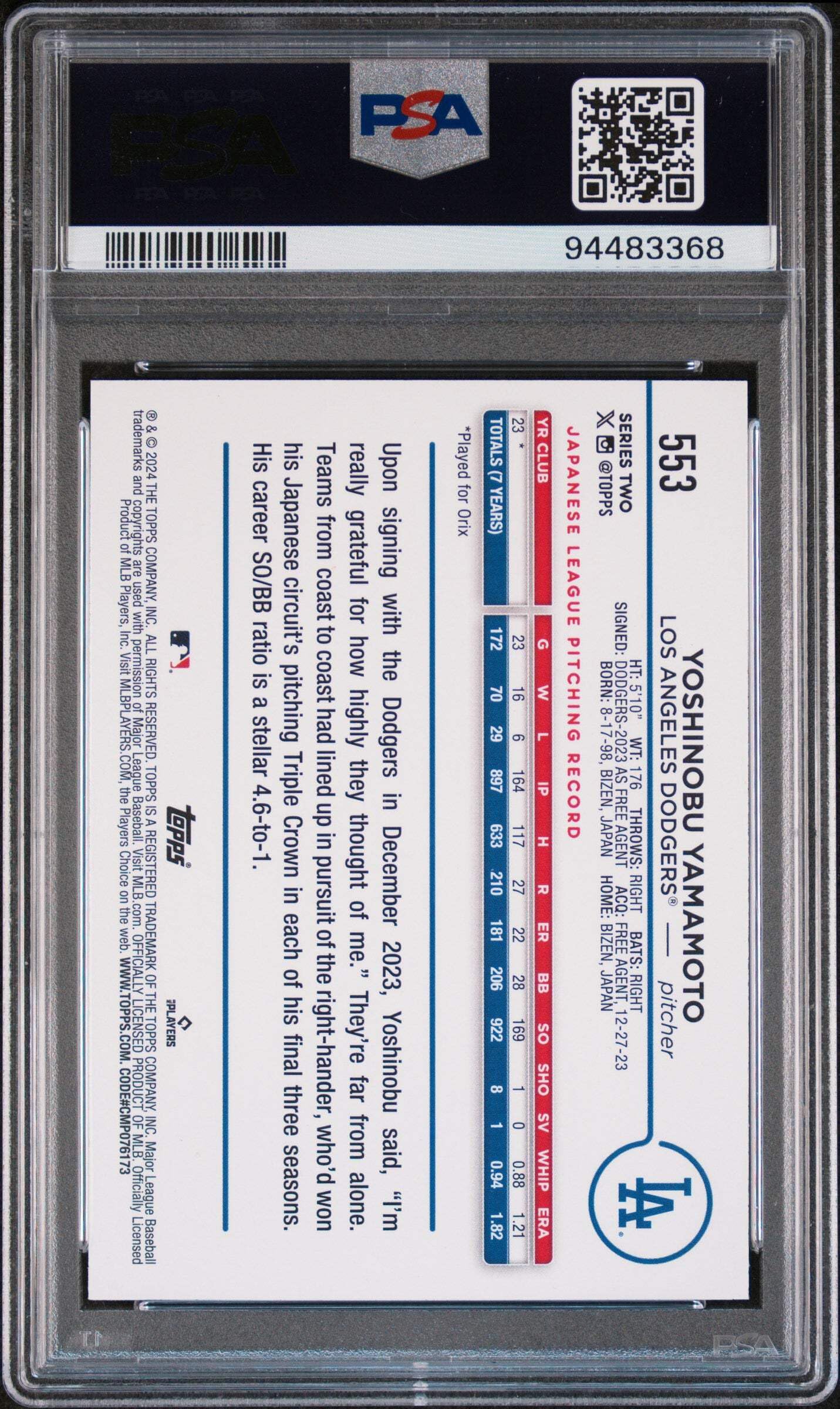 Amazon.com: Graded 2024 Topps Yoshinobu Yamamoto #553 Rookie