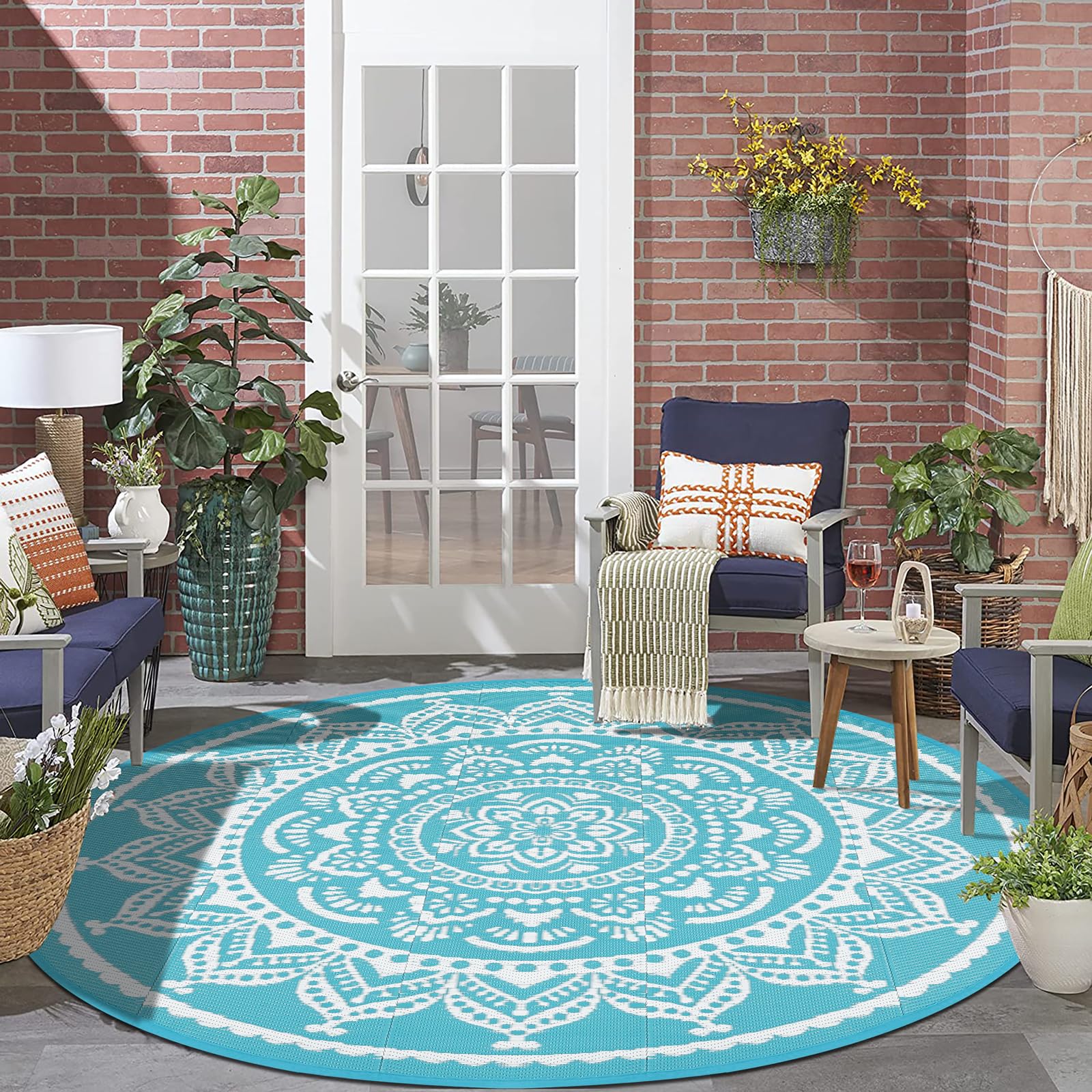 Bsmathom Waterproof Outdoor Rug 6ft Round Reversible Boho Plastic Straw Patio Deck Camping Rugs, Indoor Outdoor Portable RV Mat Carpet for Outside, Porch, Balcony, Backyard, Beach, Pool,TealGlobal Recycled StandardGlobal Recycled StandardGlobal Recycled Standard