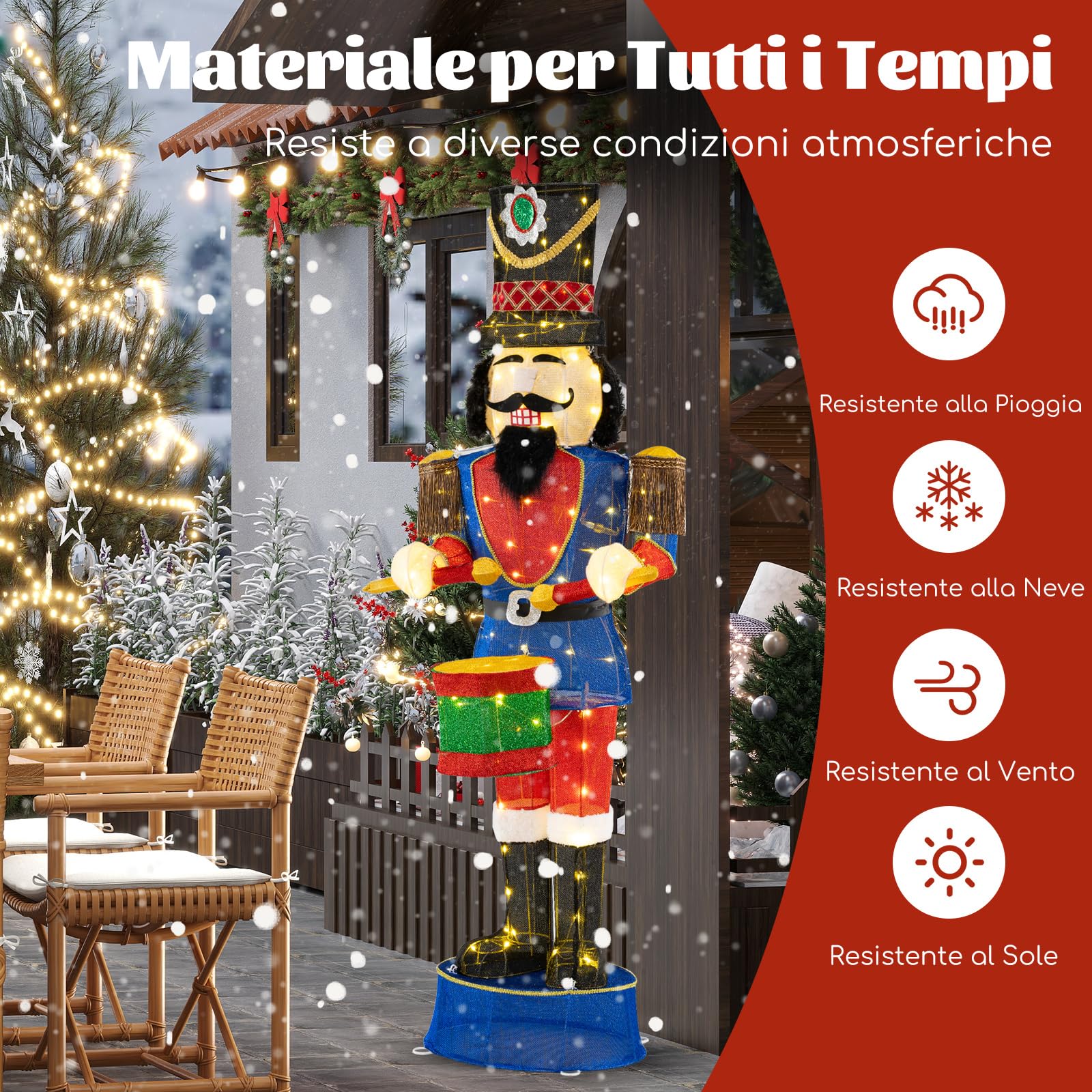 COSTWAY Soldato di Natale Illuminato 185 cm, Soldatino Schiaccianoci Illuminato con 100 Luci LED, Decorazioni Natalizie per Interno ed Esterno (Modello 2)