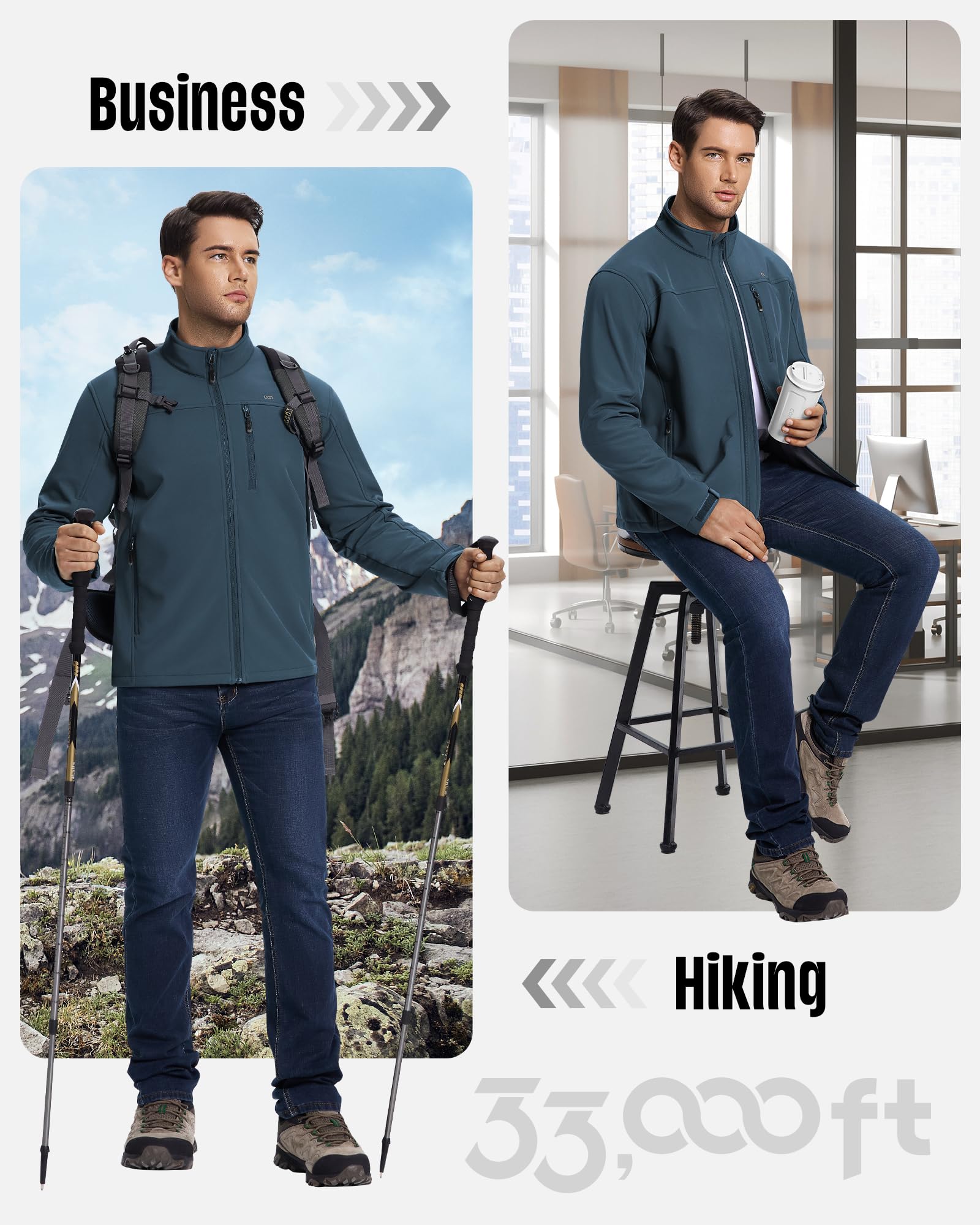 33,000ft Softshelljacke für Herren Wasserdichte Übergangsjacke Fleece Gefütterte Winddichte Outdoorjacke Funktionsjacke für Outdoor Freizeit