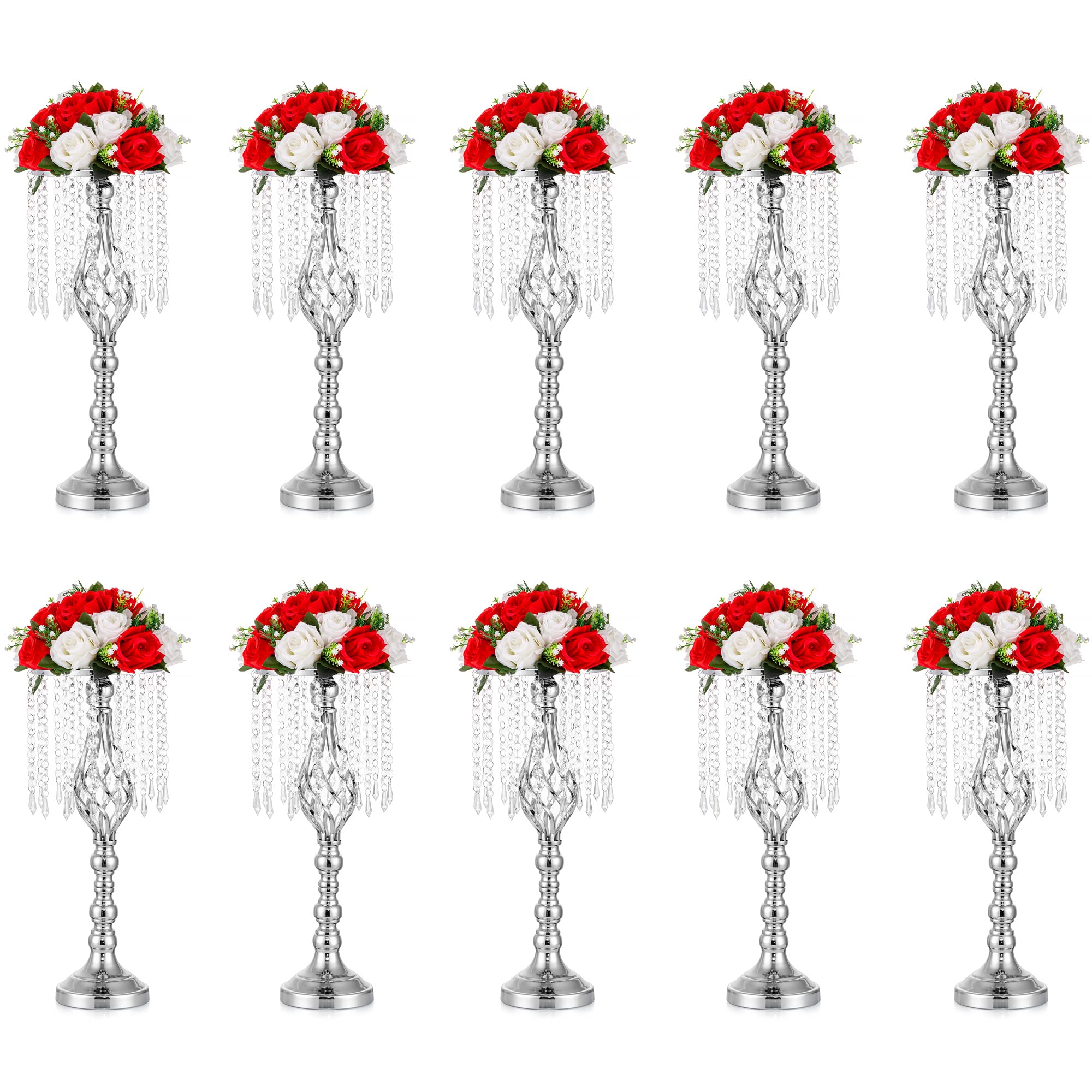 Inweder Wedding Centerpiece Table Decorations - Silver Vase for Centerpieces with Chandelier Crystals, 19.3in Tall Flower Vase, Wedding Metal Flower Stand for Event, Birthday, Home Decoration,10 Pcs