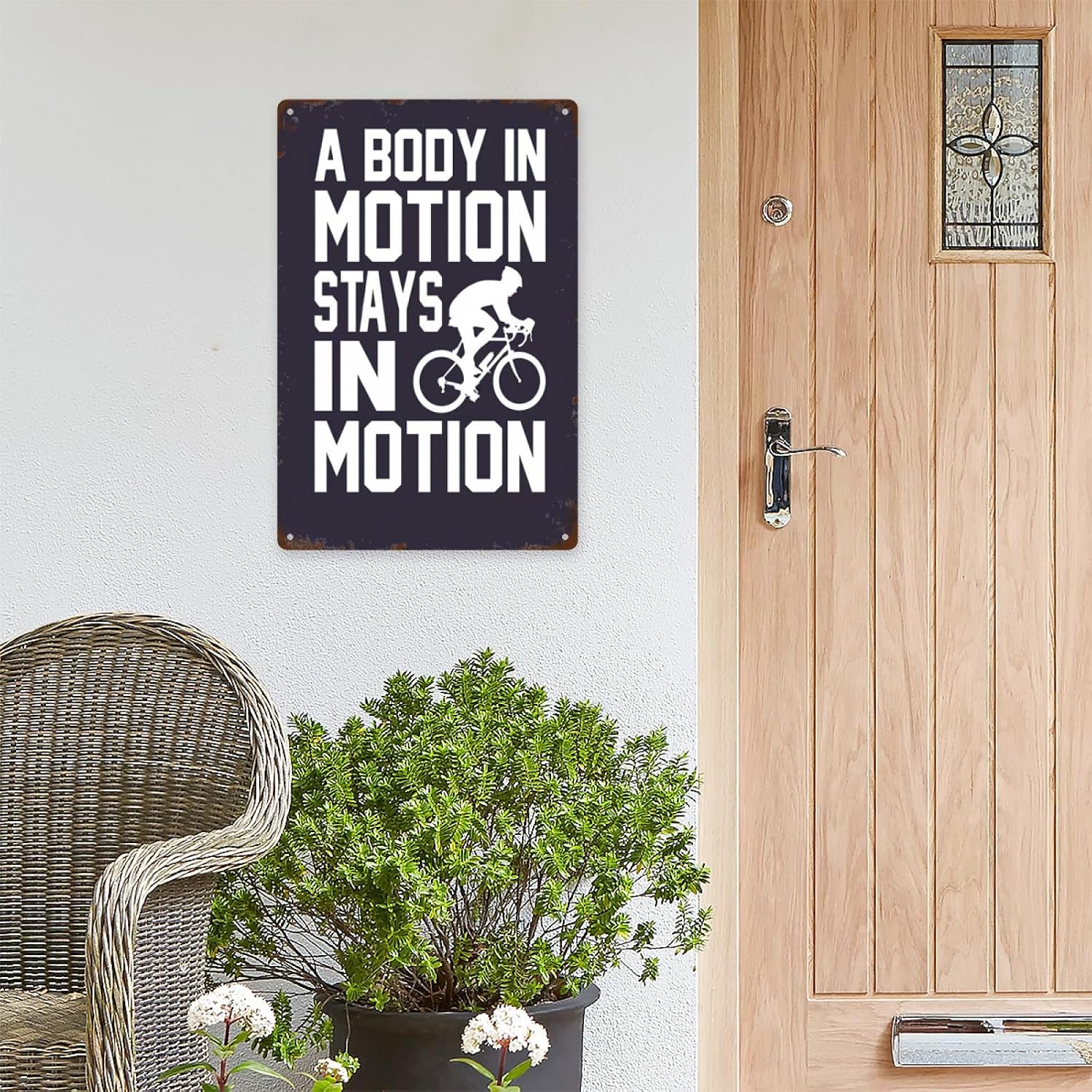 wall decorations Cycling A body in motion stays in motion retro signs vintage Hotel Retro Metal Sign for Bathroom,Yard,Wedding,Garage,Kitchen,Office,Home,and more 8X12inch