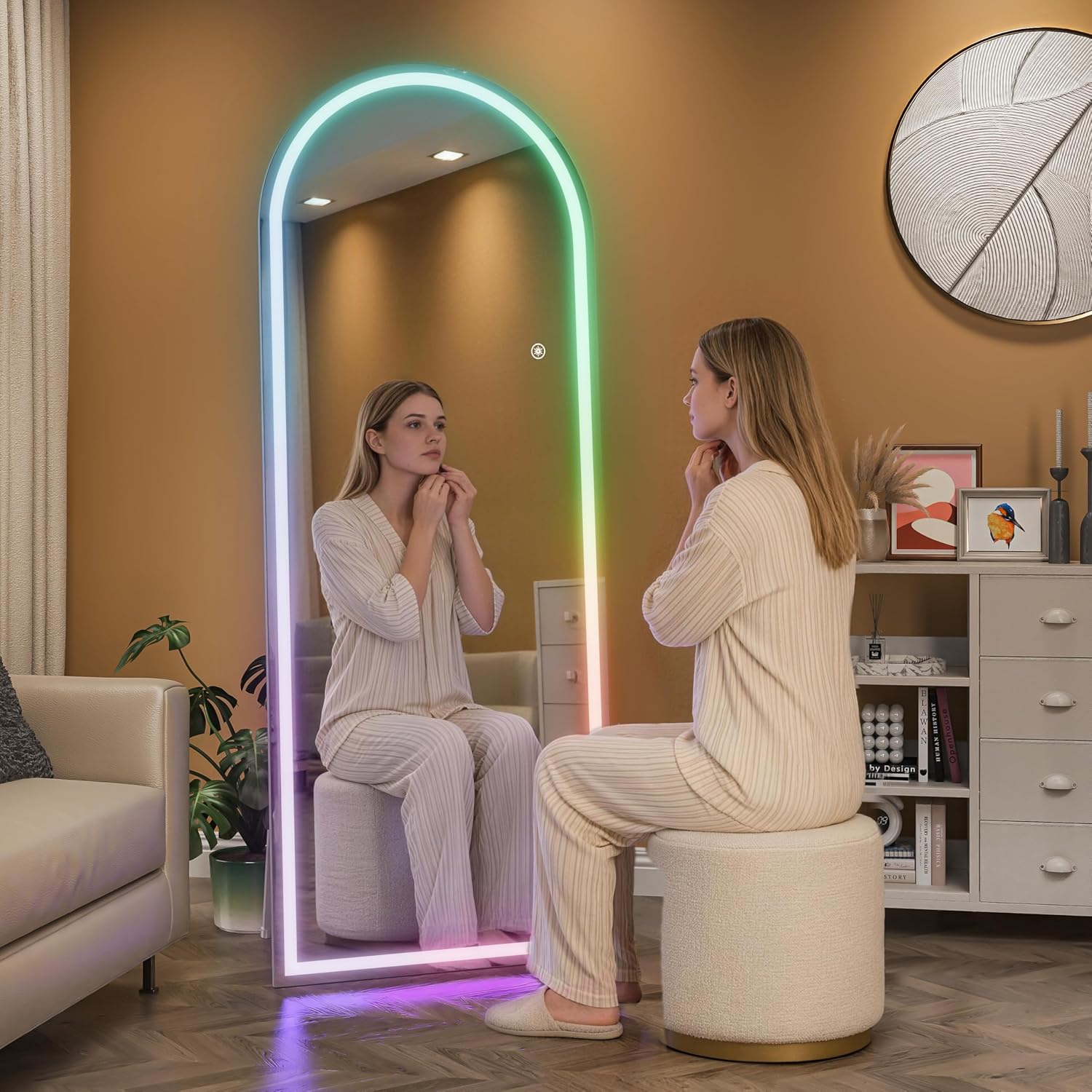 Hasipu 55.5" x 15.7" Arch LED RGB Full Length Mirror with Stand ＆ 7 Color Lighting Modes, Full Body Mirror with White Frame for Bedroom, Living Room, Dressing Room