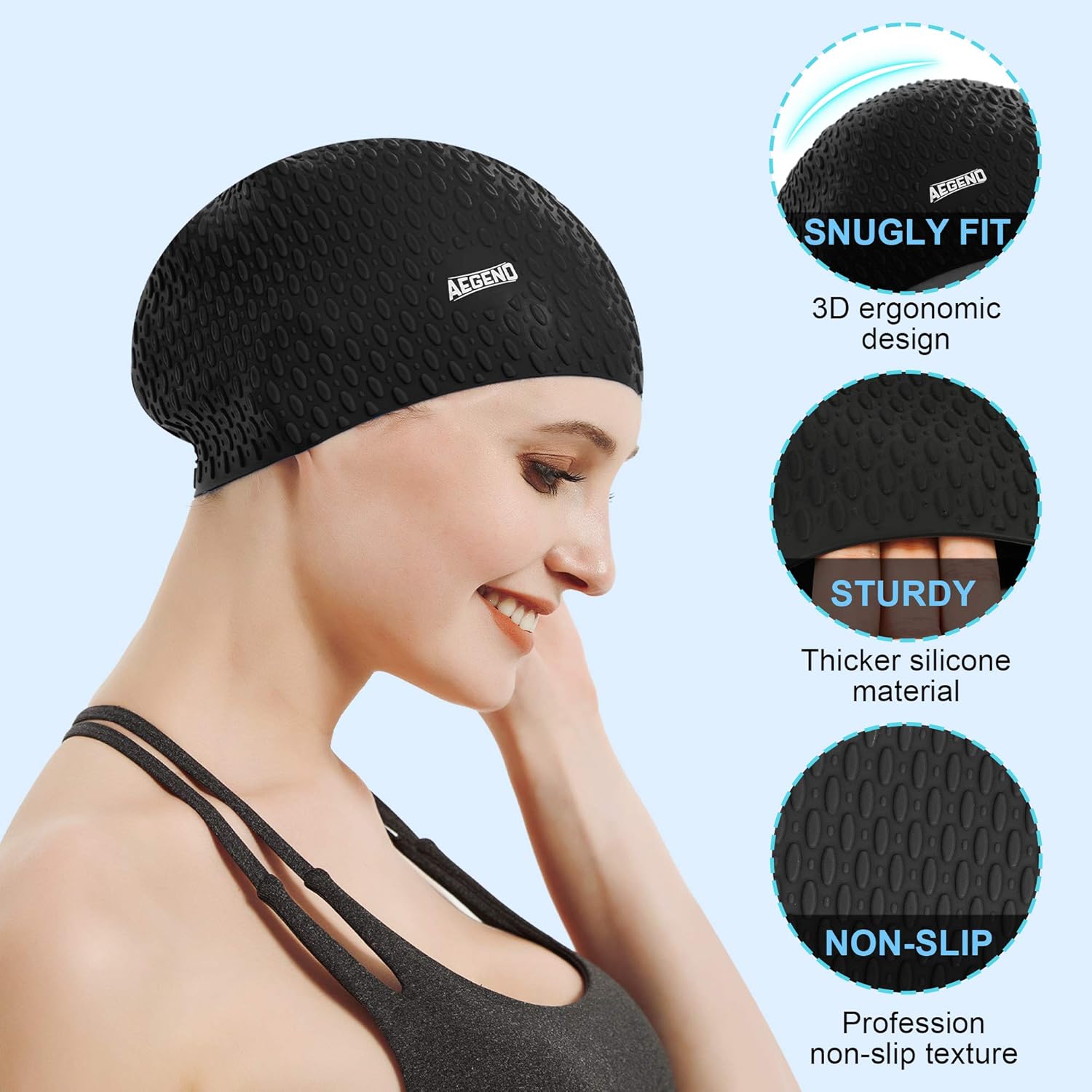 Aegend Silicone Swim Cap for Long Hair (2 Pack), Durable Unisex Swimming Caps for Women Men Youth, Unique Embossed Anti-Slip Design, Black&Blue : Sports & Outdoors