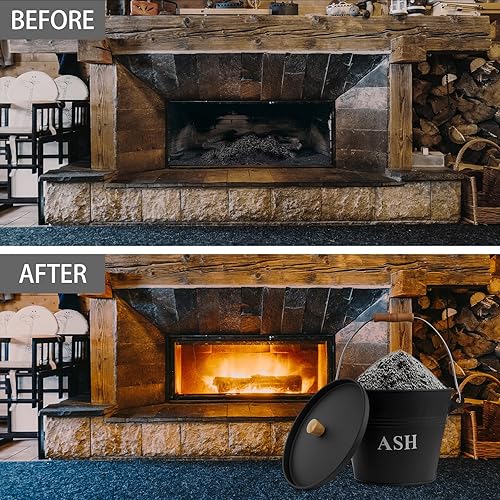 Miniatura 5 de Cubo de cenizas con tapa, pala y escoba de mano, cubo de metal para chimenea de 1.5 galones, base reforzada y lata de cenizas, hoguera, estufa de