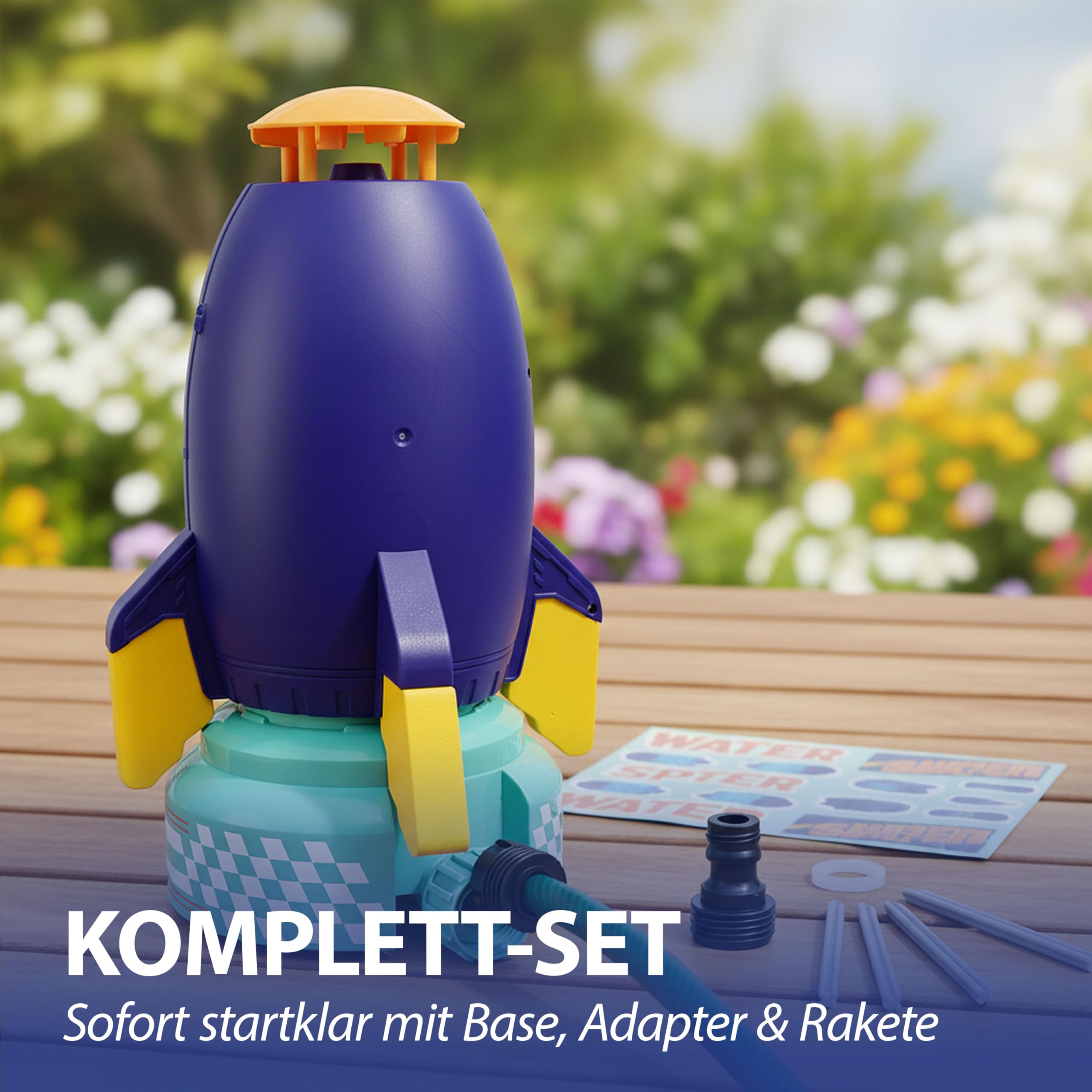 Wassersprinkler Rakete | Kunststoff 24cm Mehrfarbig | Base Schlauadapter Sticker | Kinderspielzeug Wasserfontäne Sommer | Spielgerät für den Garten