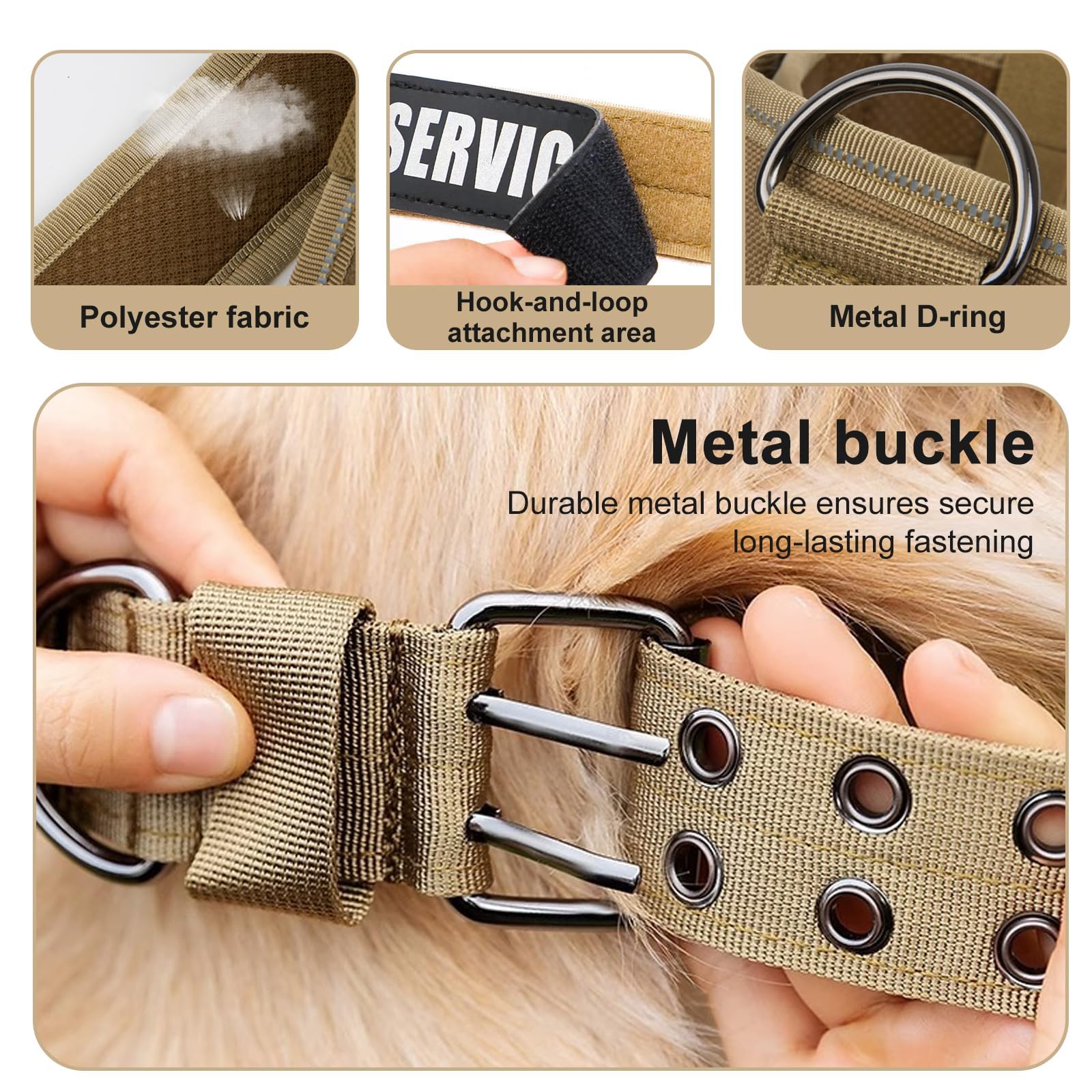 Personalisiertes, taktisches Hundehalsband mit Namens- und Nummeraufnähern, strapazierfähiges, individuelles Halsband mit 2-poliger Metall-Gürtelschnalle und Griff für mittelgroße und große Hunde