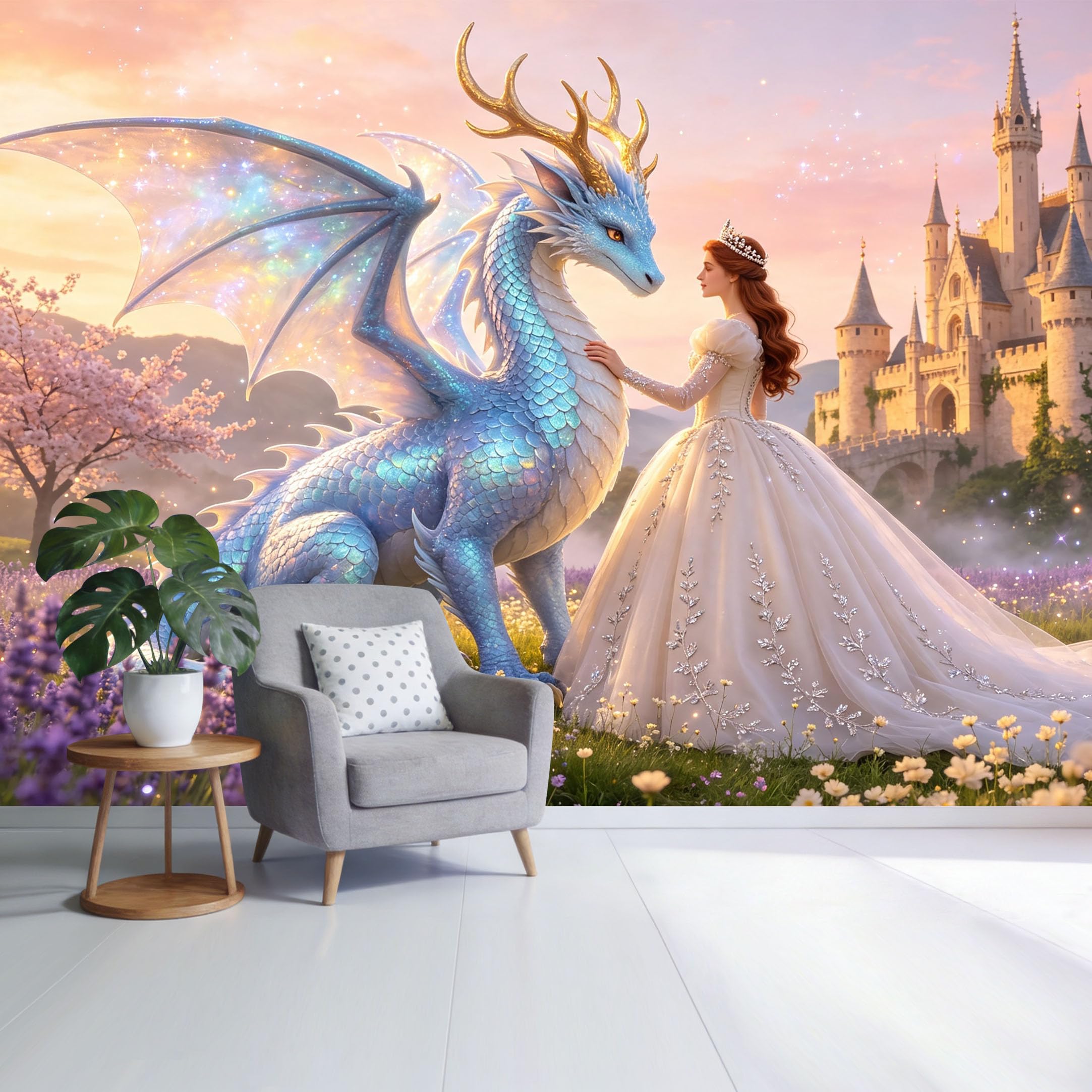 Custom Size Wall Mural Fantasy Dragon Princess Castle Magical Landscape 3D Trompe L'Oeil Removable Self Adhesive Fabric， Home Wall Decor for Living Room Bedroom Bathroom